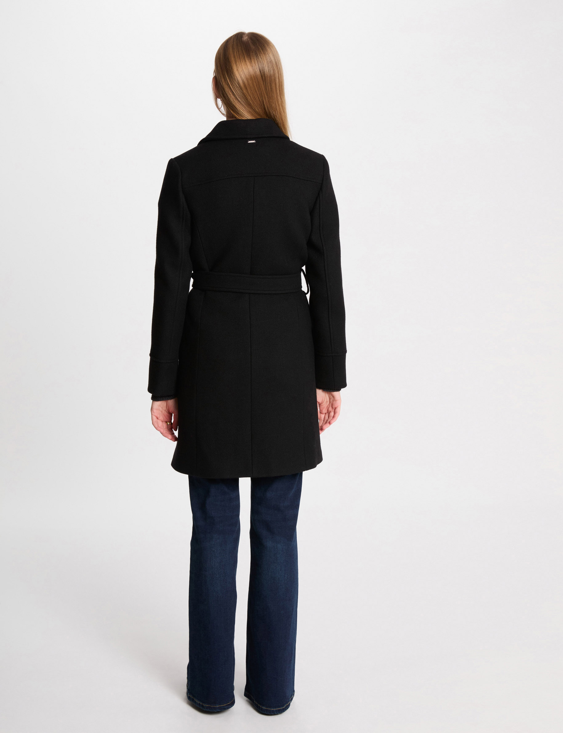 Belted long coat black women