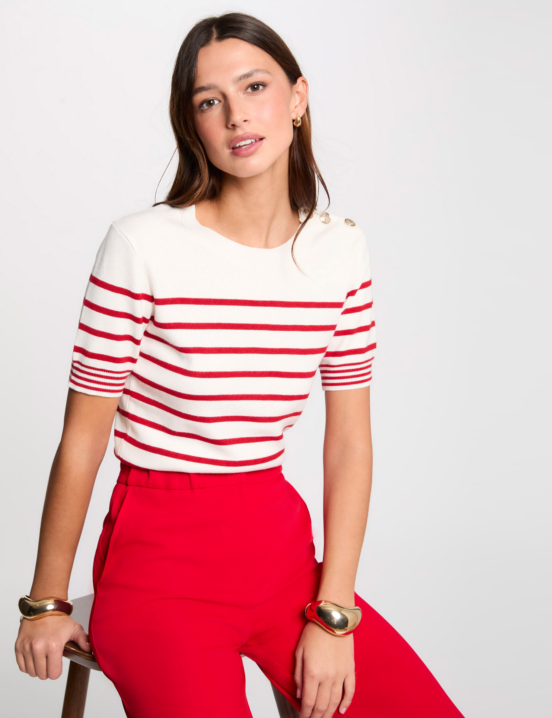 Stripped jumper short-sleeves ivory women