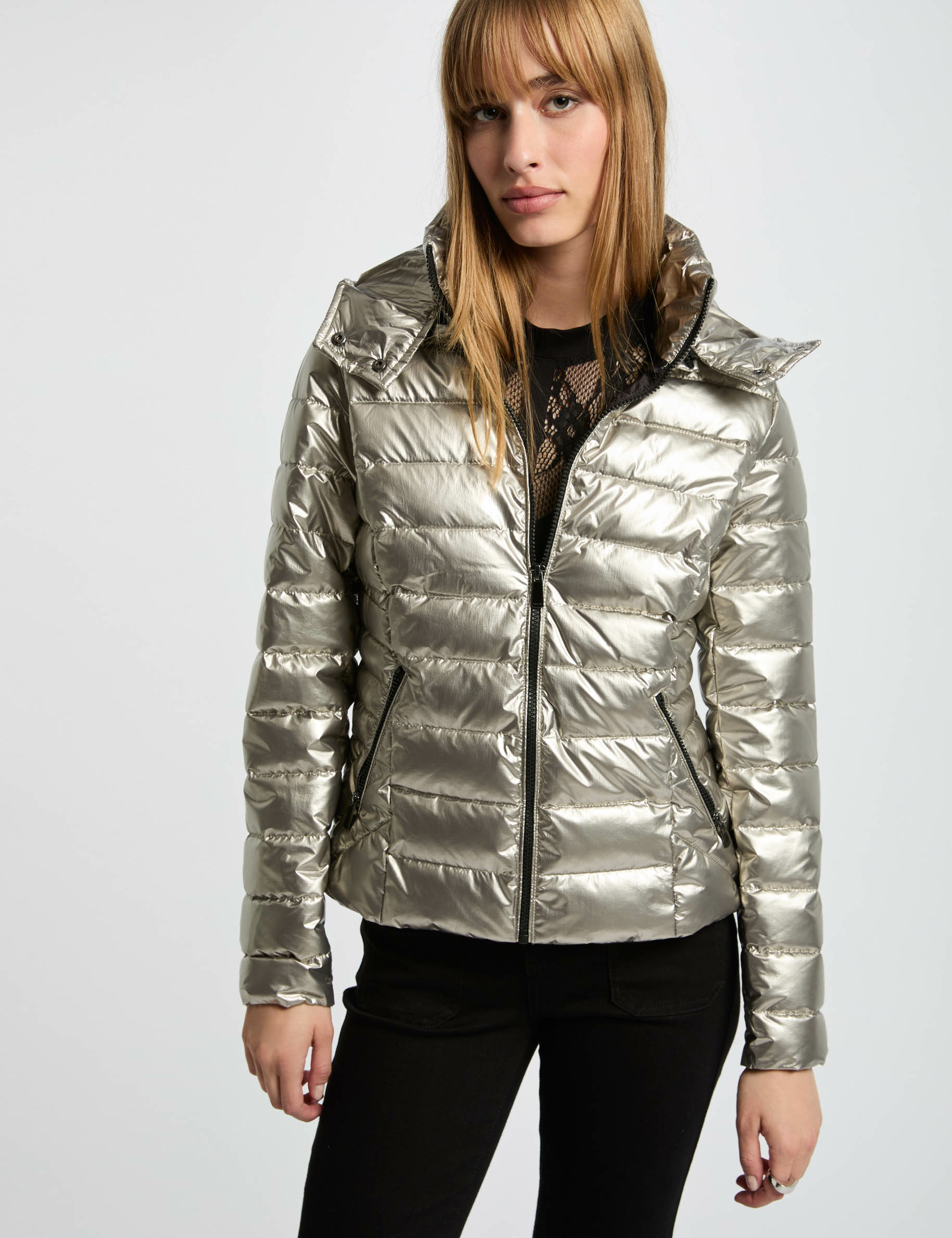 Metallised padded jacket hood gold women