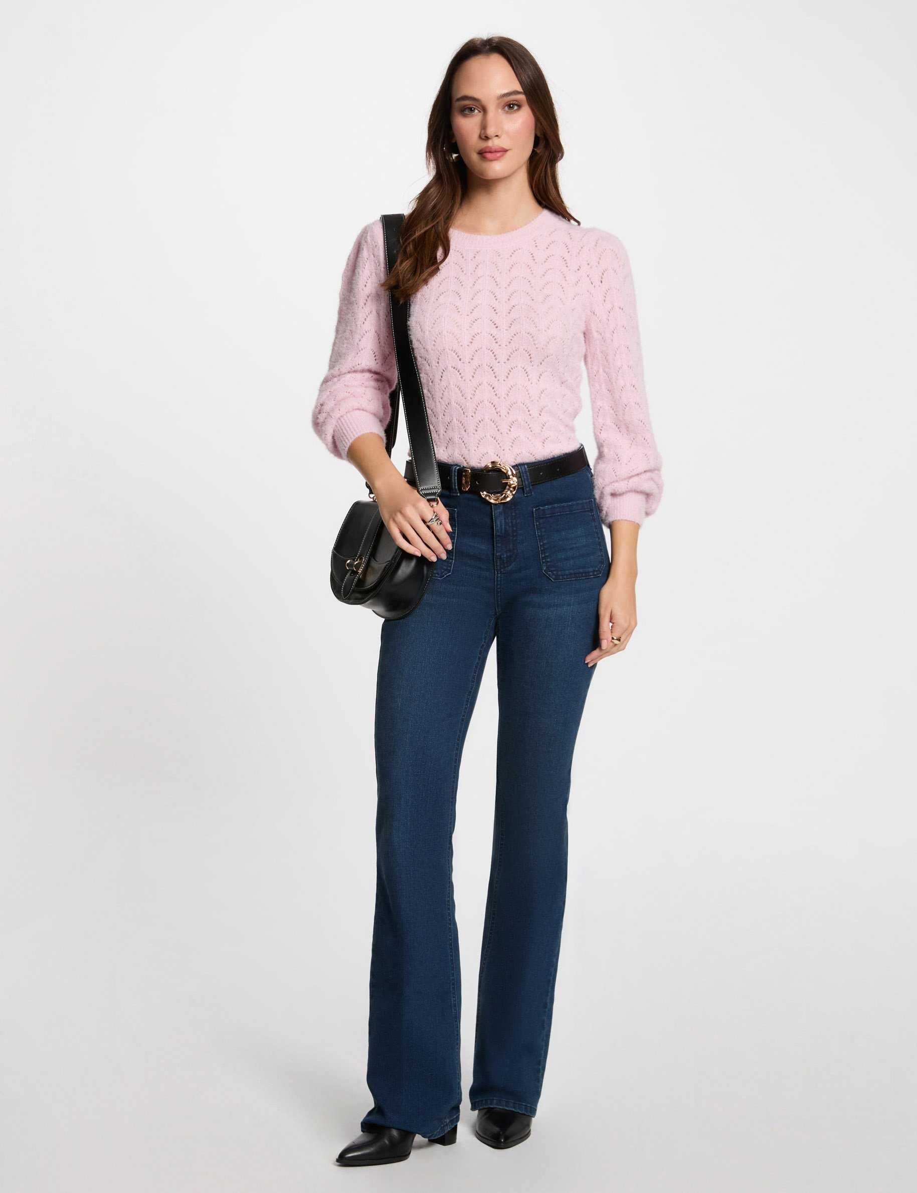 Openwork jumper round neck pastel pink women