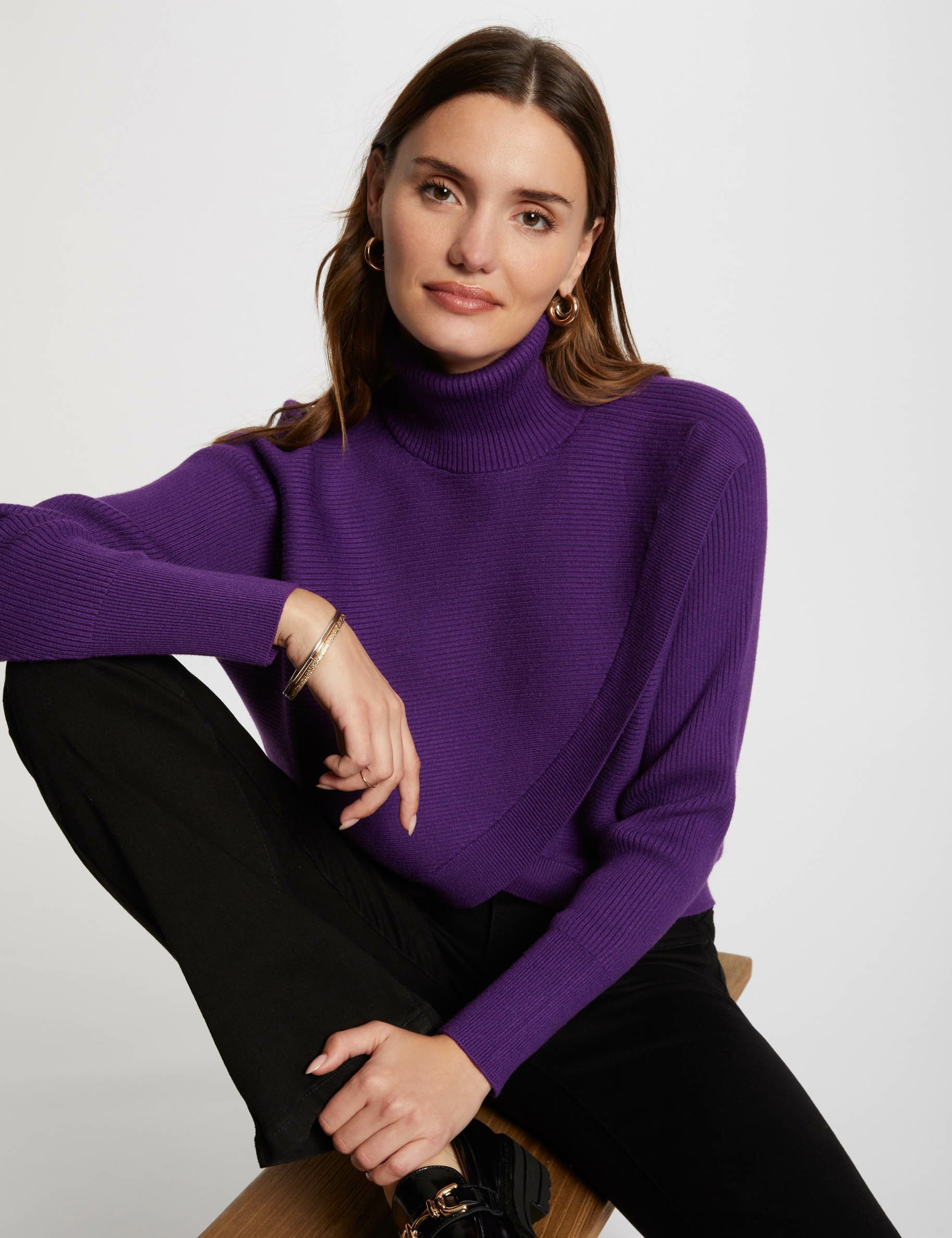 Pull manches longues effet croisé violet femme