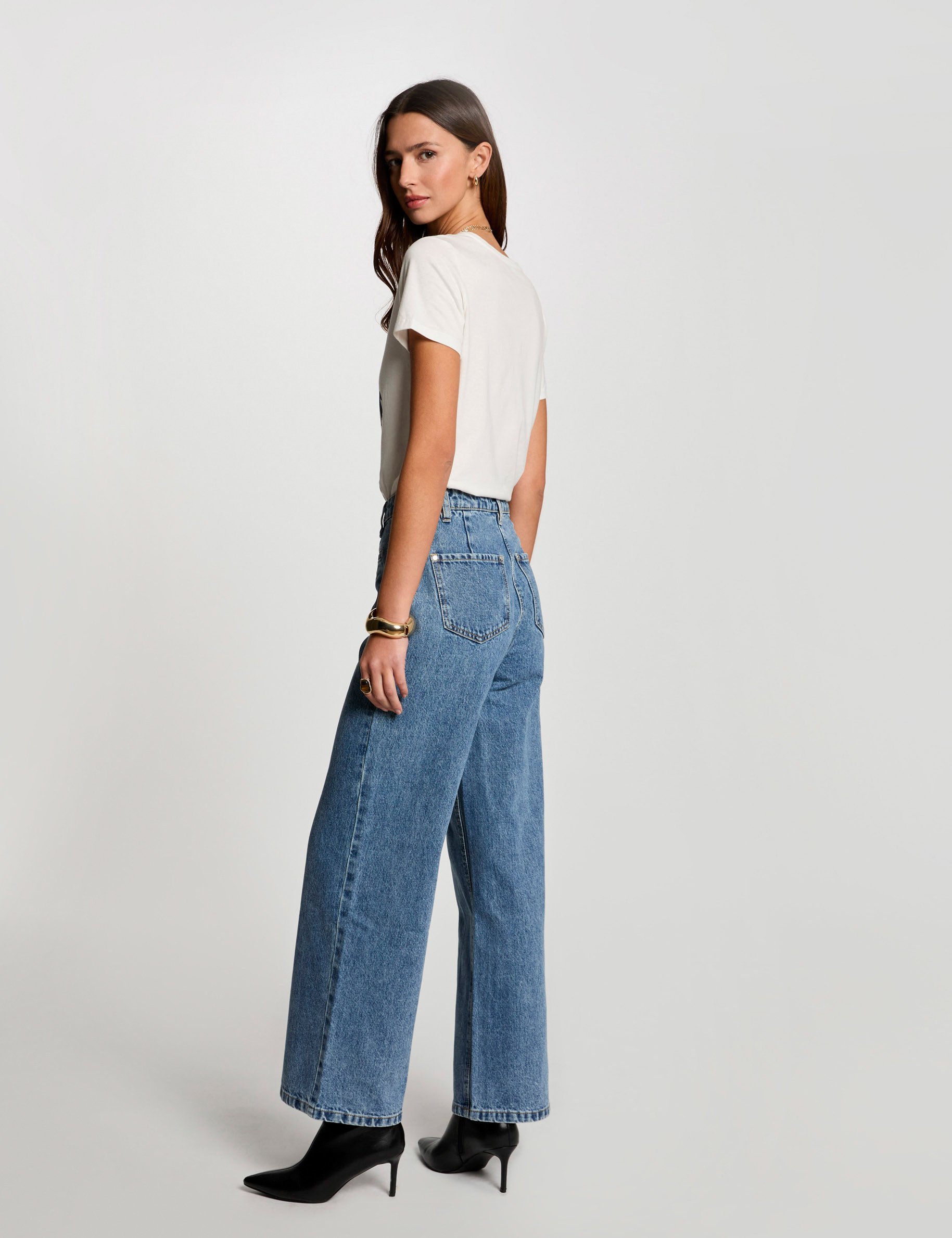 Wide leg jeans heavy stone wash denim women