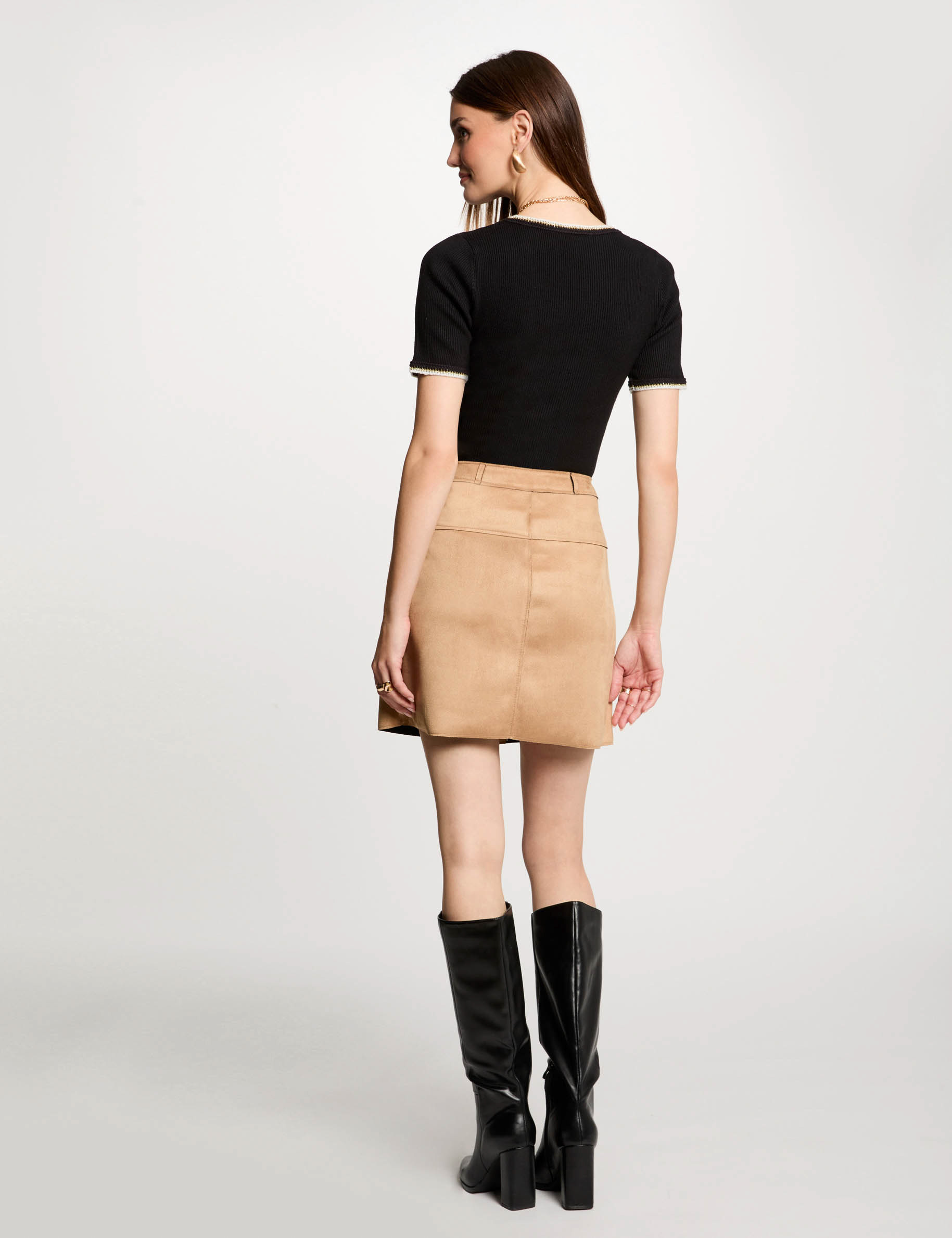 Straight short suede skirt camel women