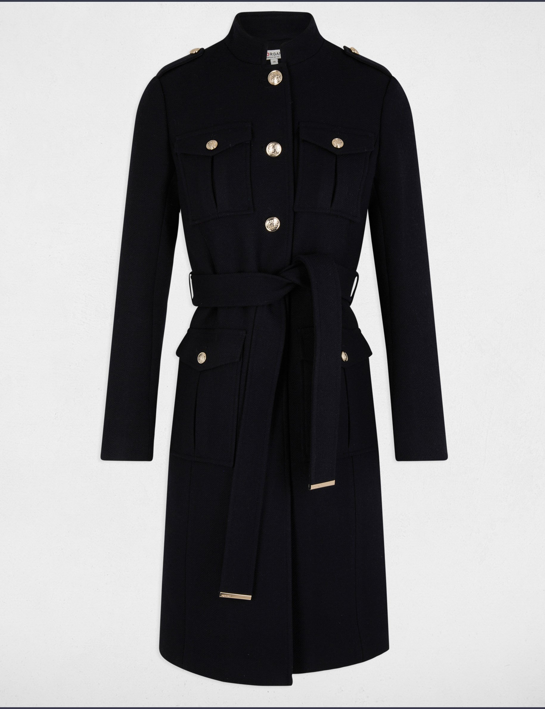 Belted long coat navy blue women