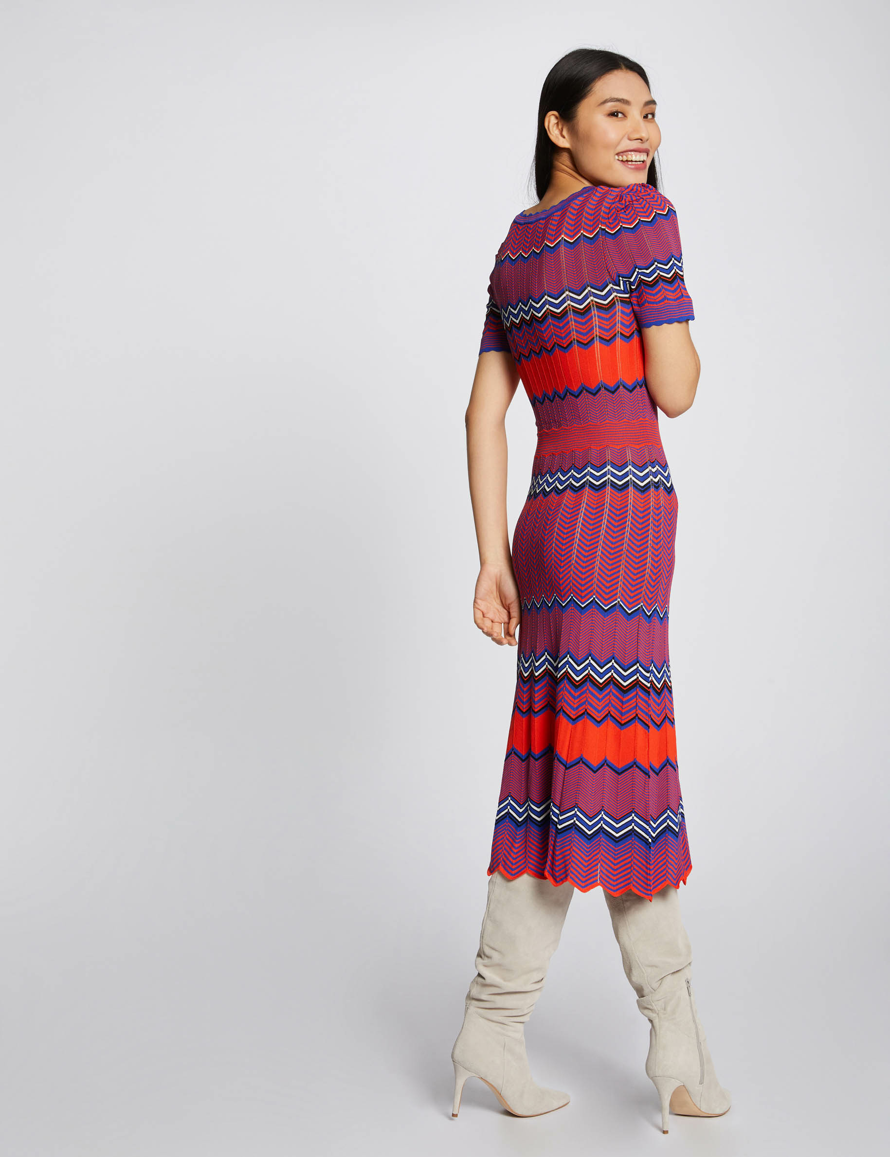 Straight midi jumper dress with stripes orange women