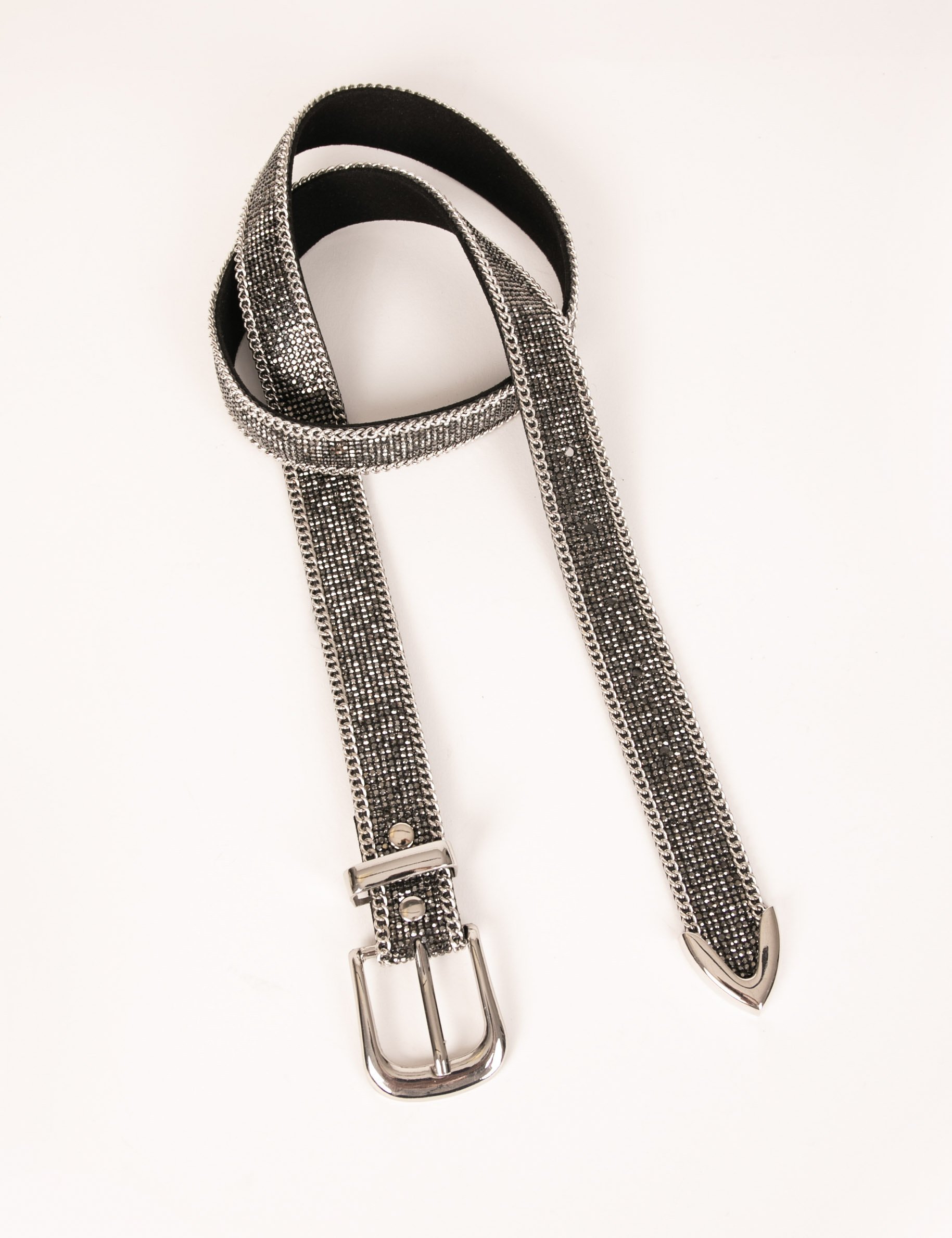 Belt with rhinestones and chains light grey women