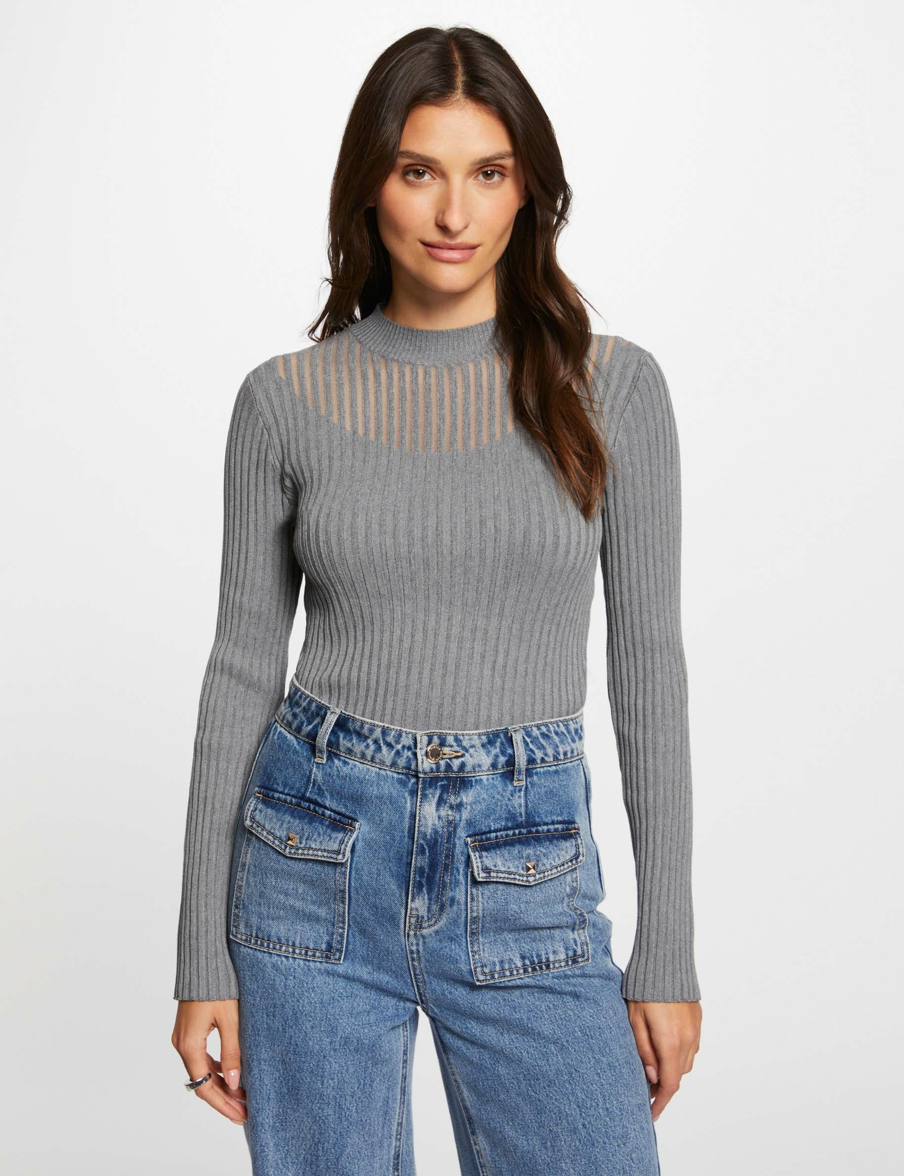 Long-sleeved jumper with high collar mid-grey women