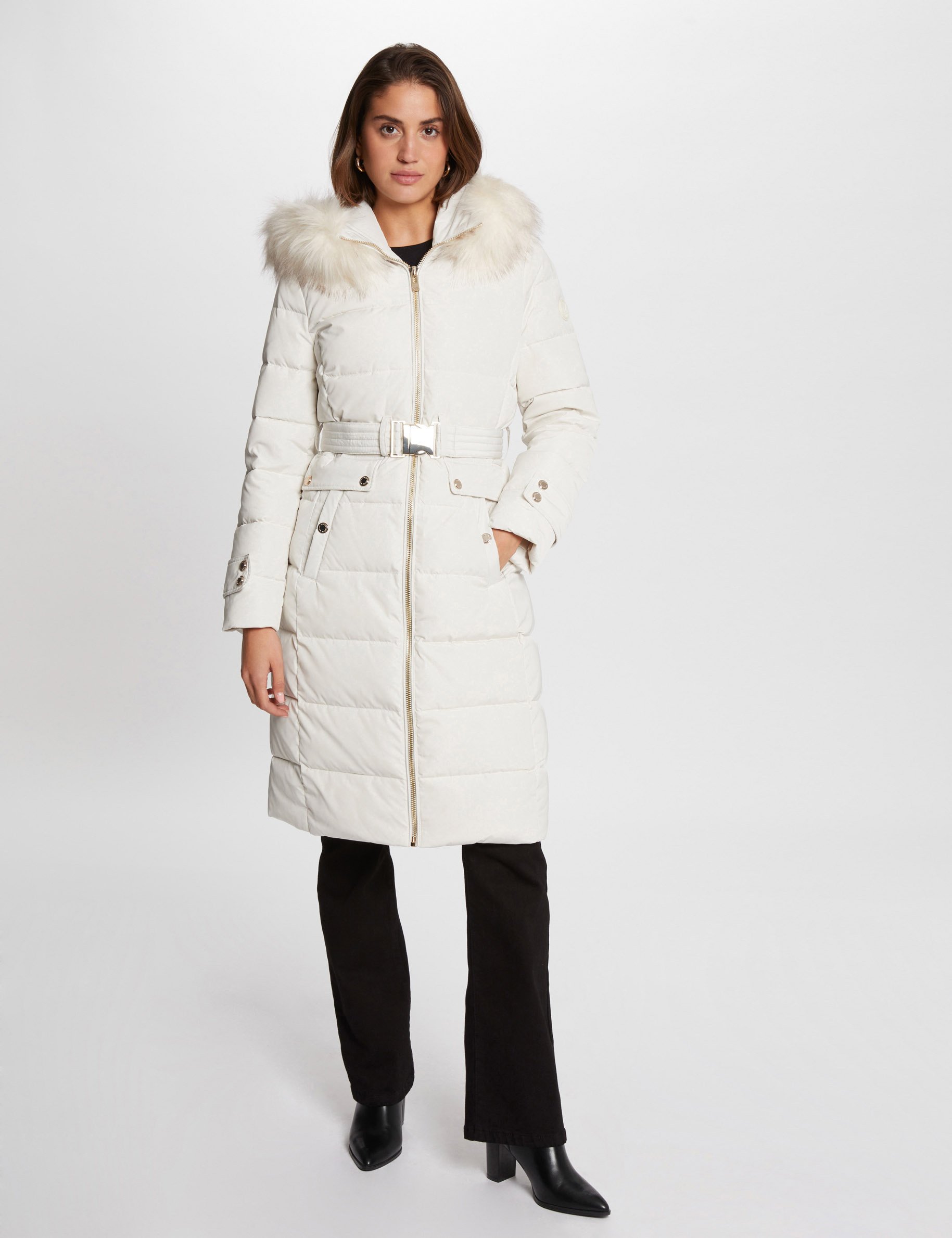 Long padded jacket with hood ivory women