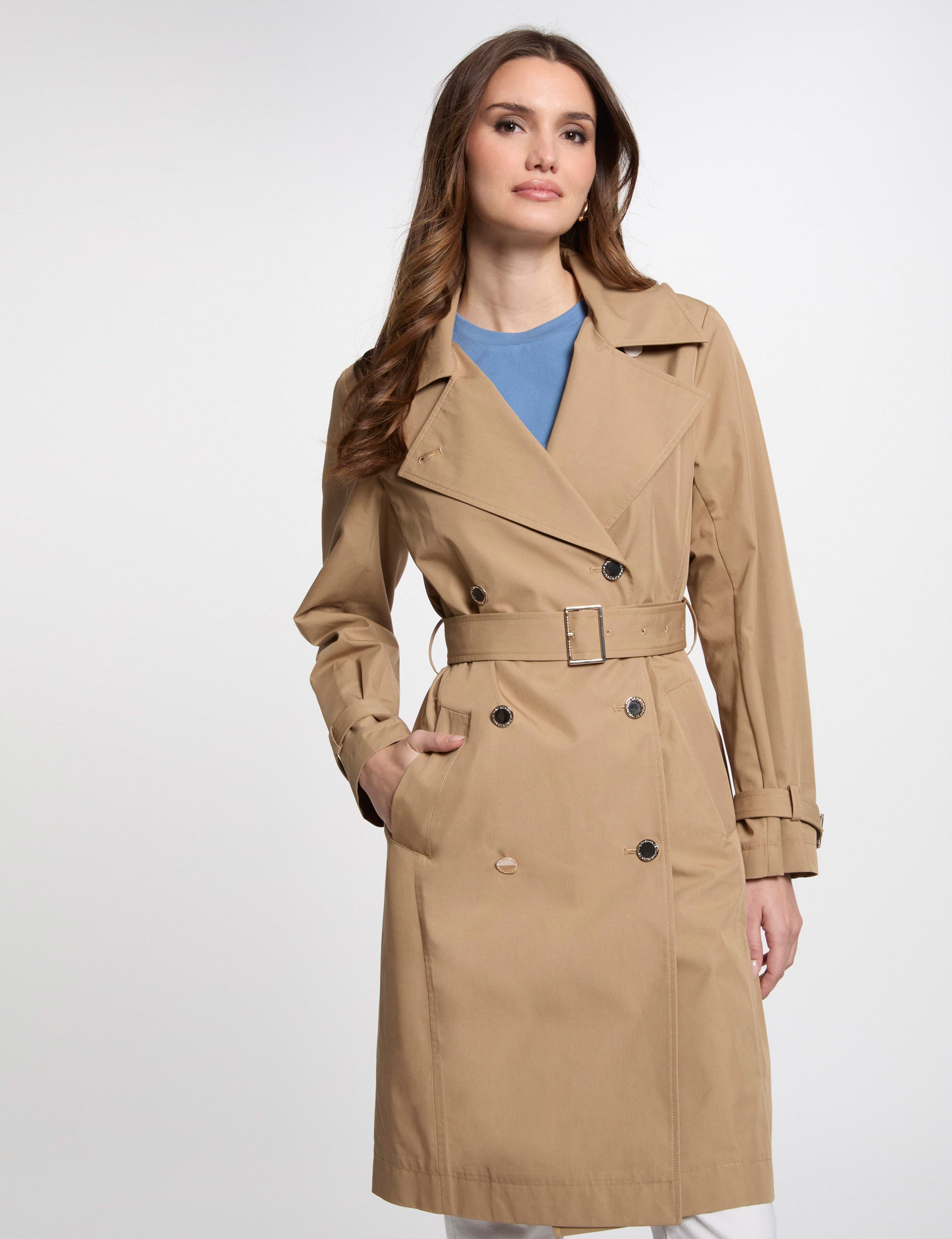 Belted long trenchcoat beige women