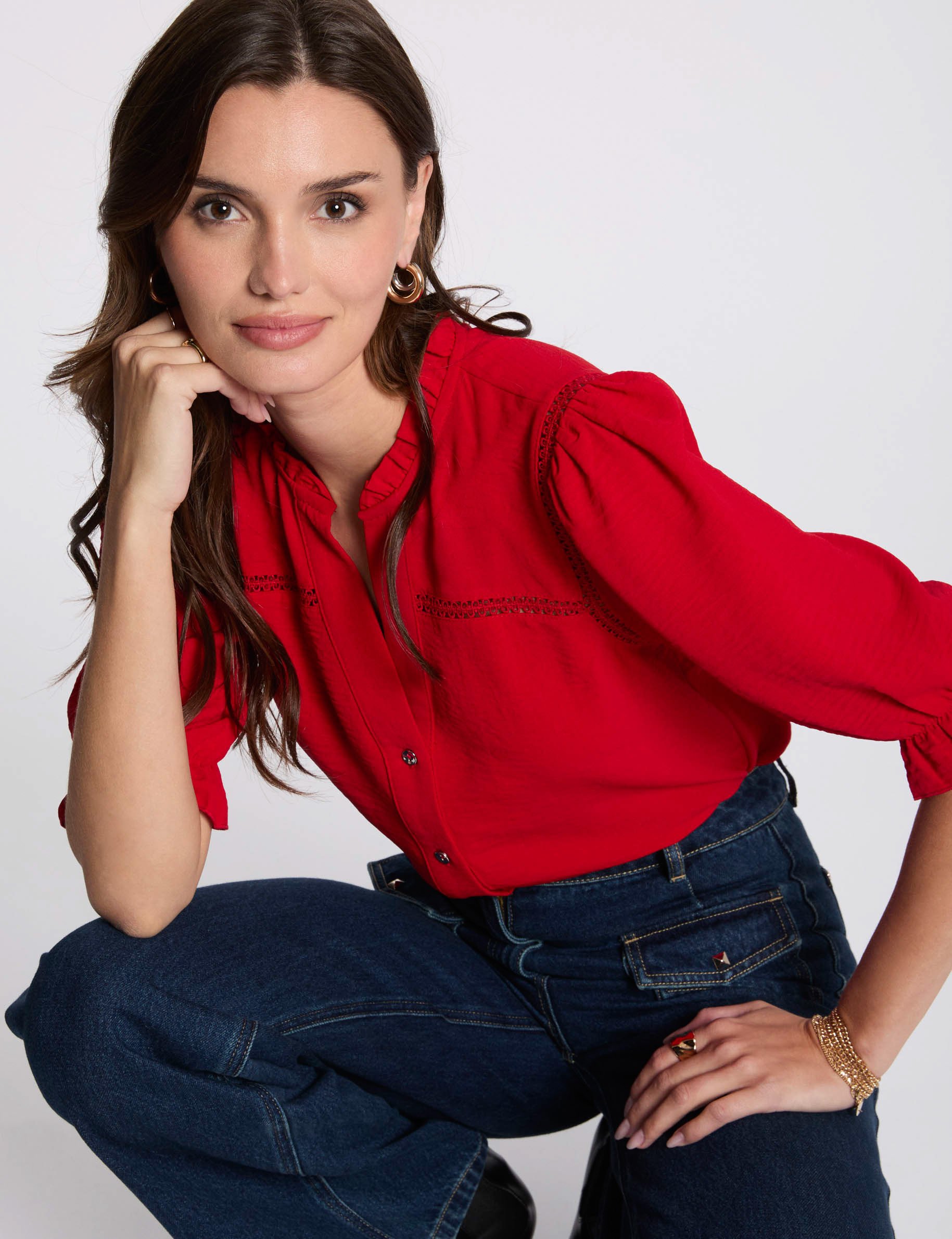 3/4-length sleeved blouse red women