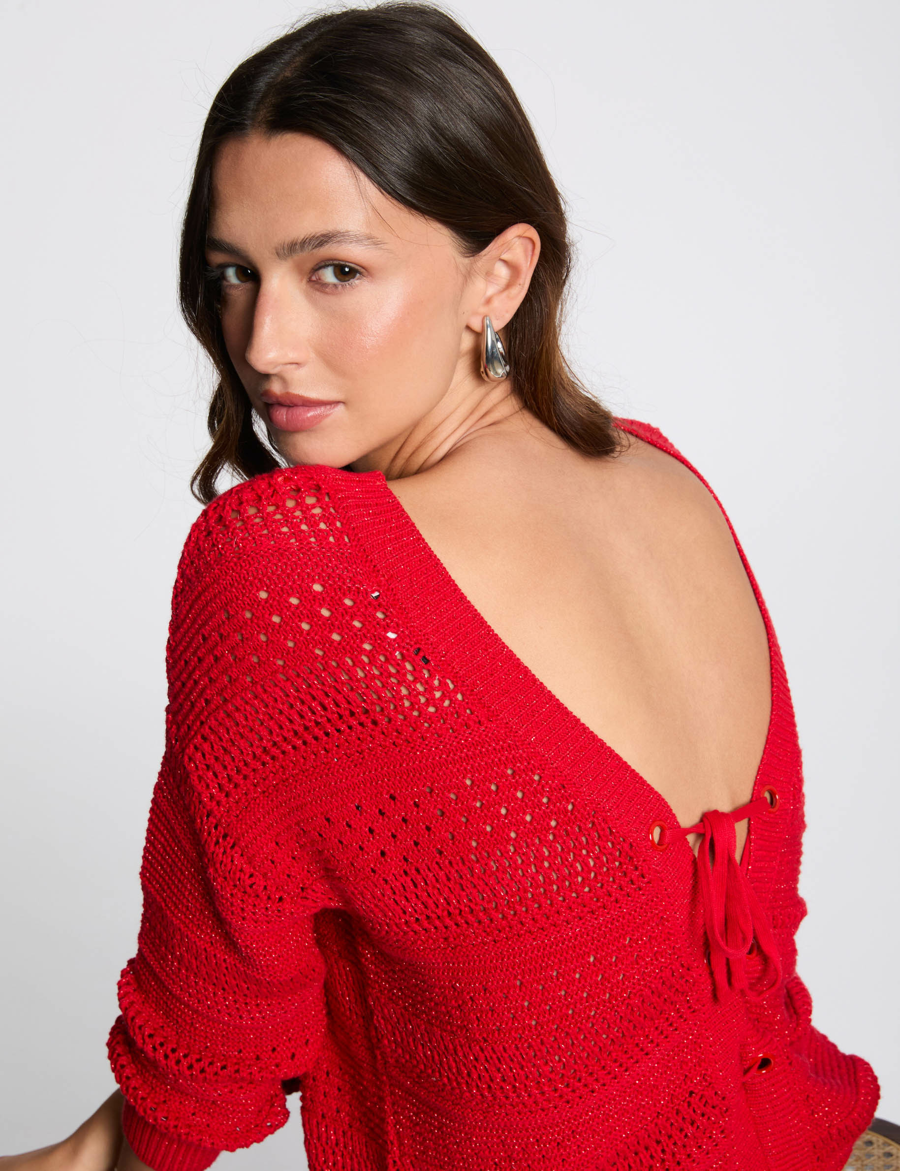 Openwork jumper long sleeves red women