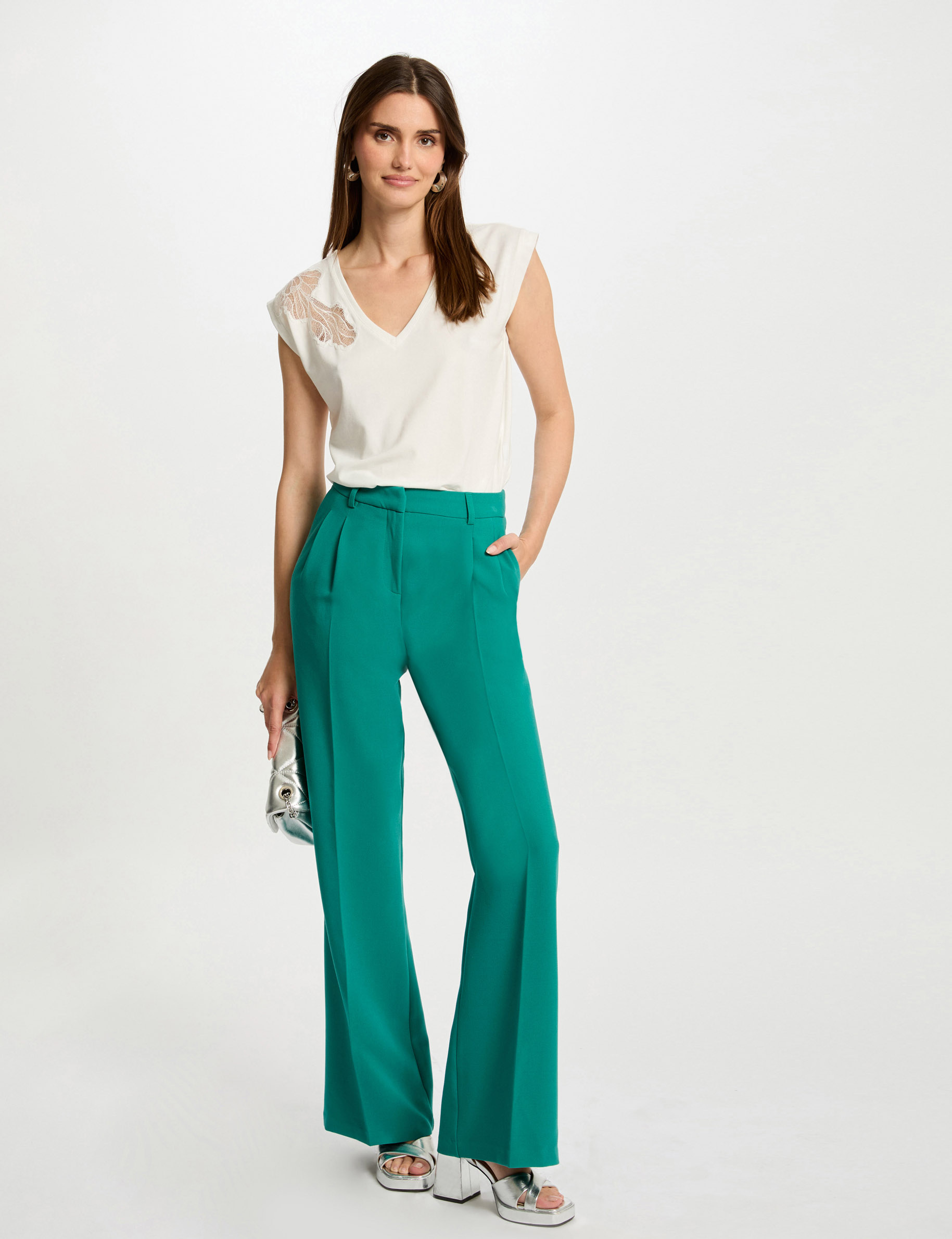 Wide leg trousers with darts mid green women Morgan