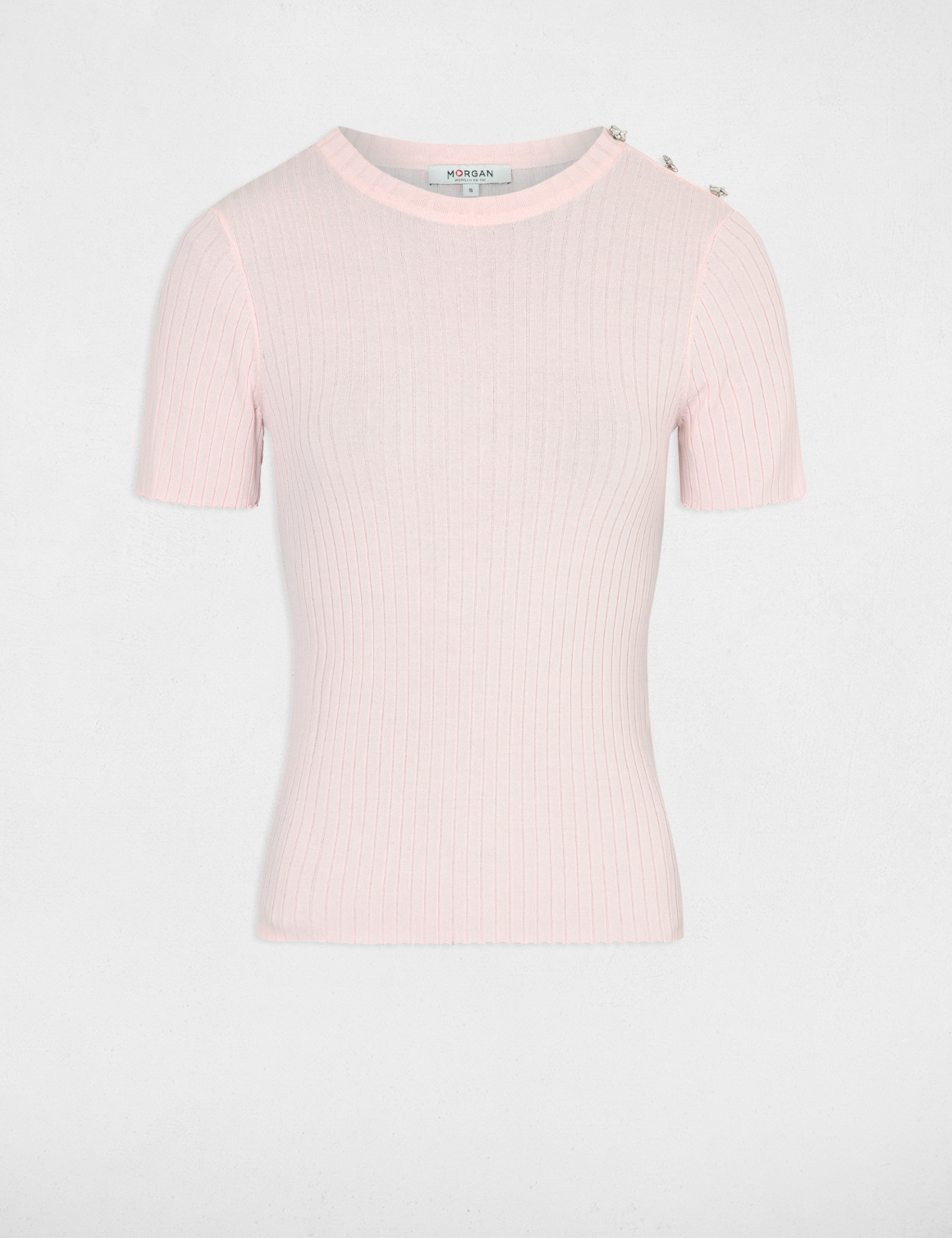 Pull manches courtes côtelé rose pale femme