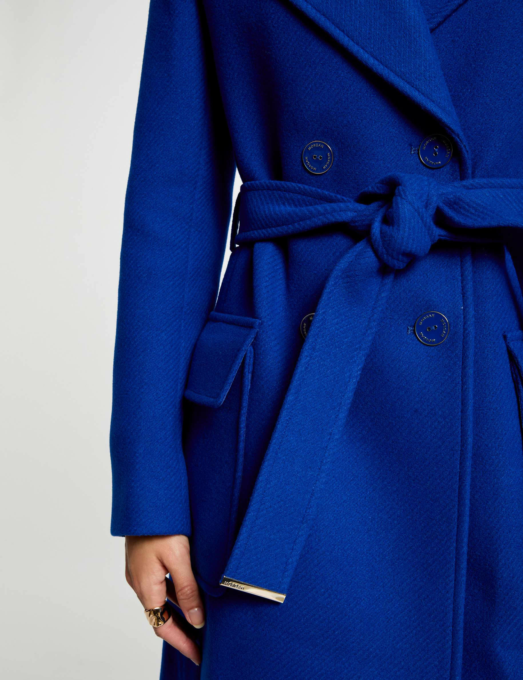 Belted long waisted coat electric blue women