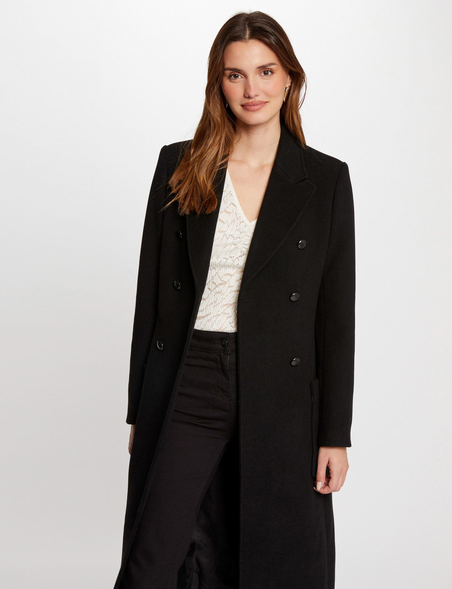 Manteau long droit noir femme