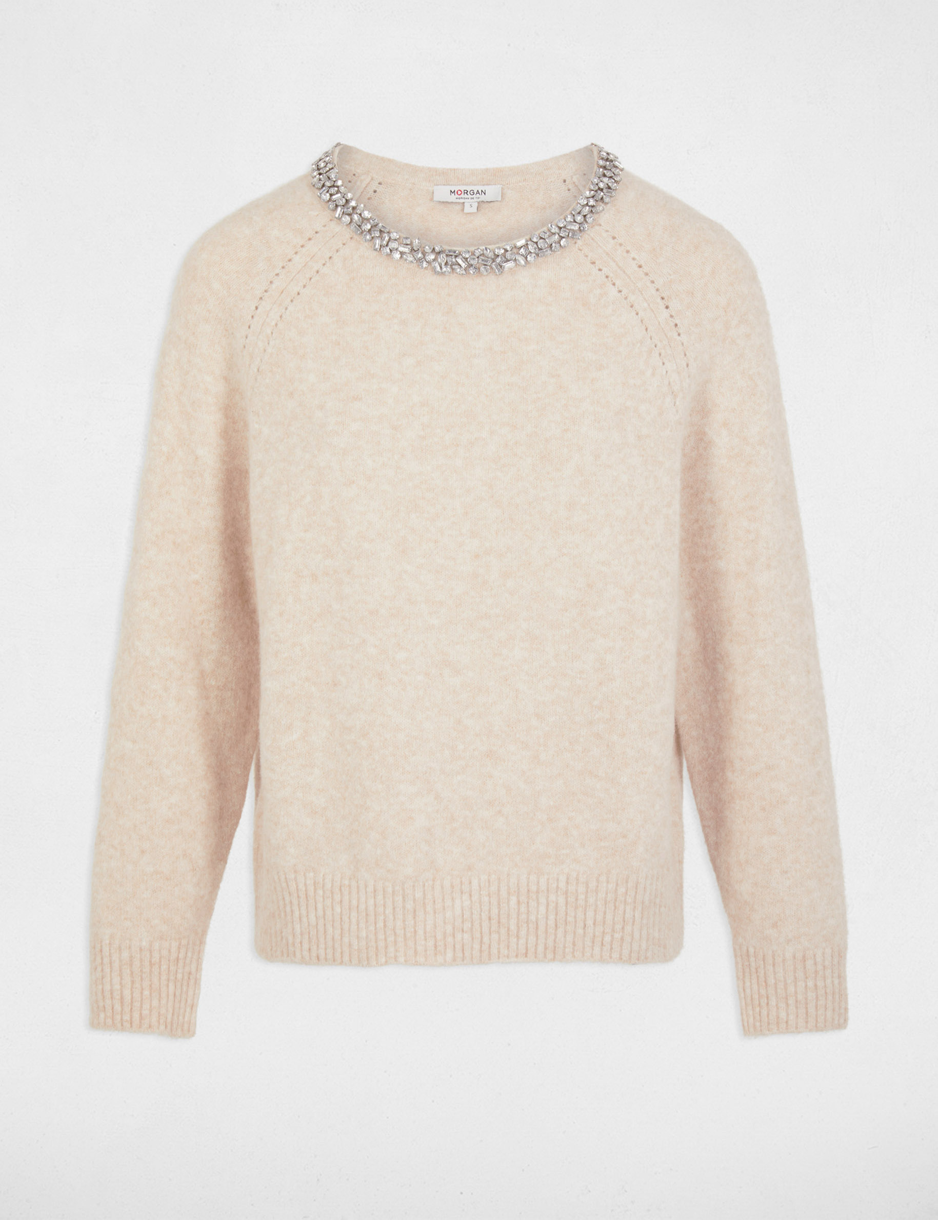 Jumper neck jewelled details beige women