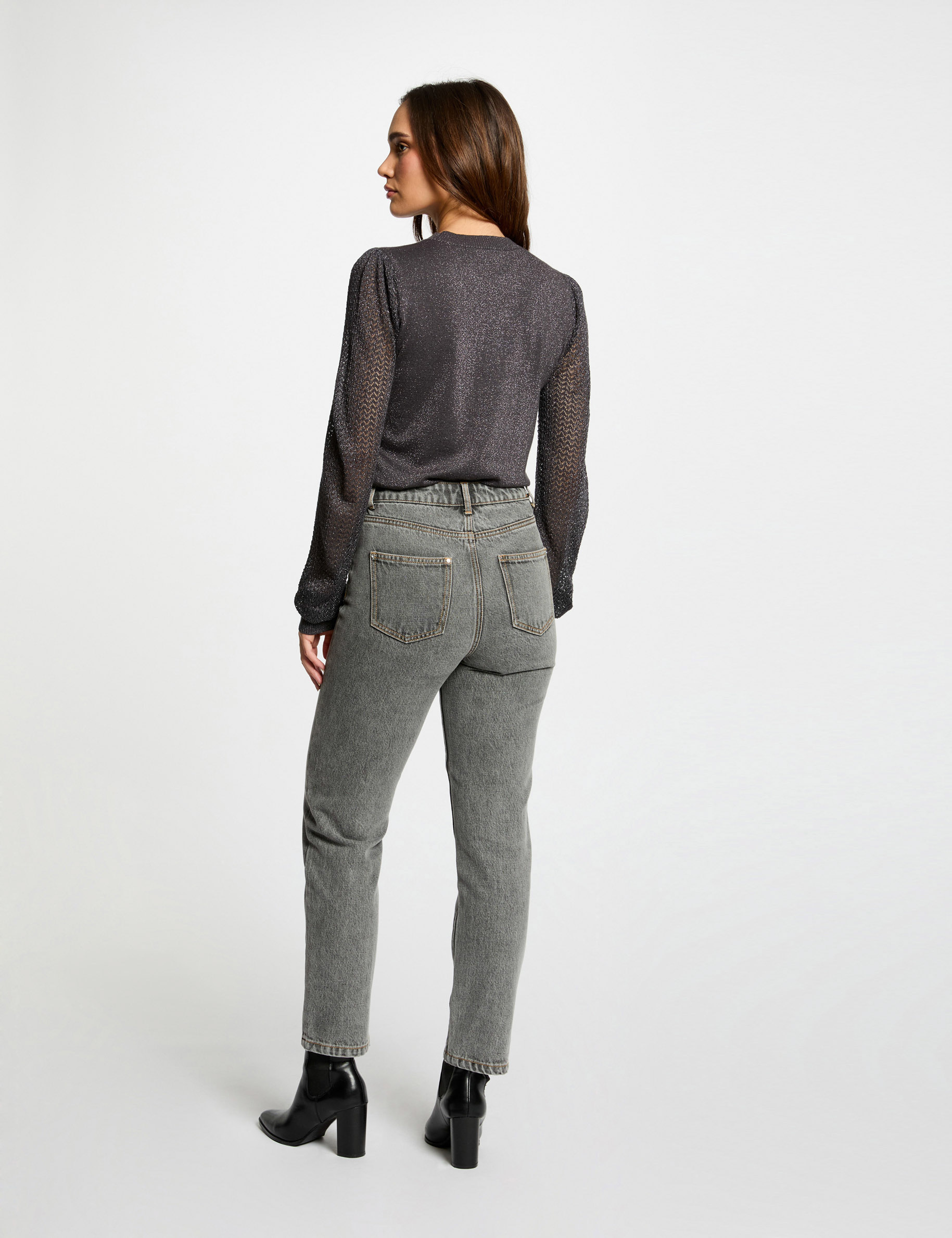 Jumper round neck and opening anthracite grey women