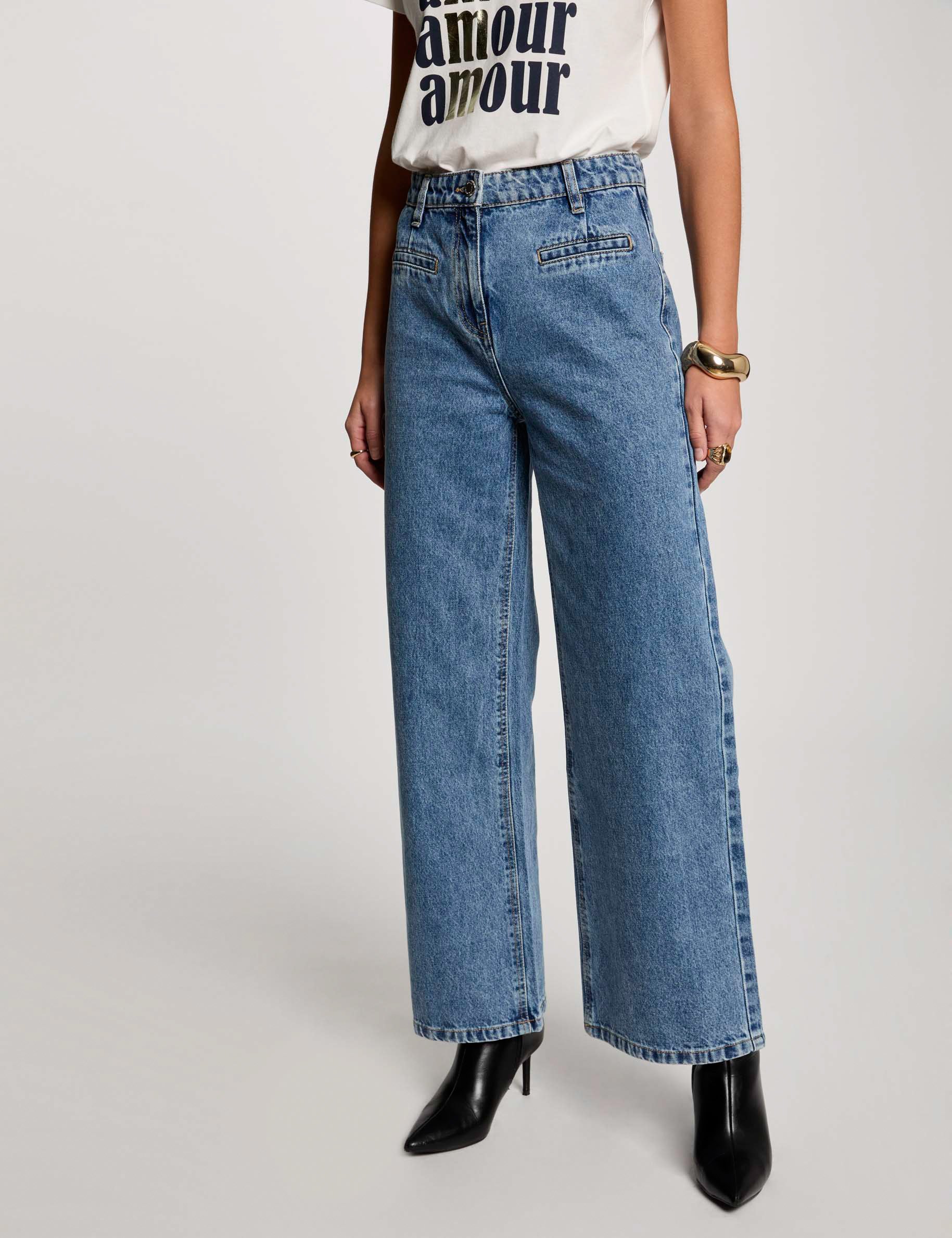 Wide leg jeans heavy stone wash denim women