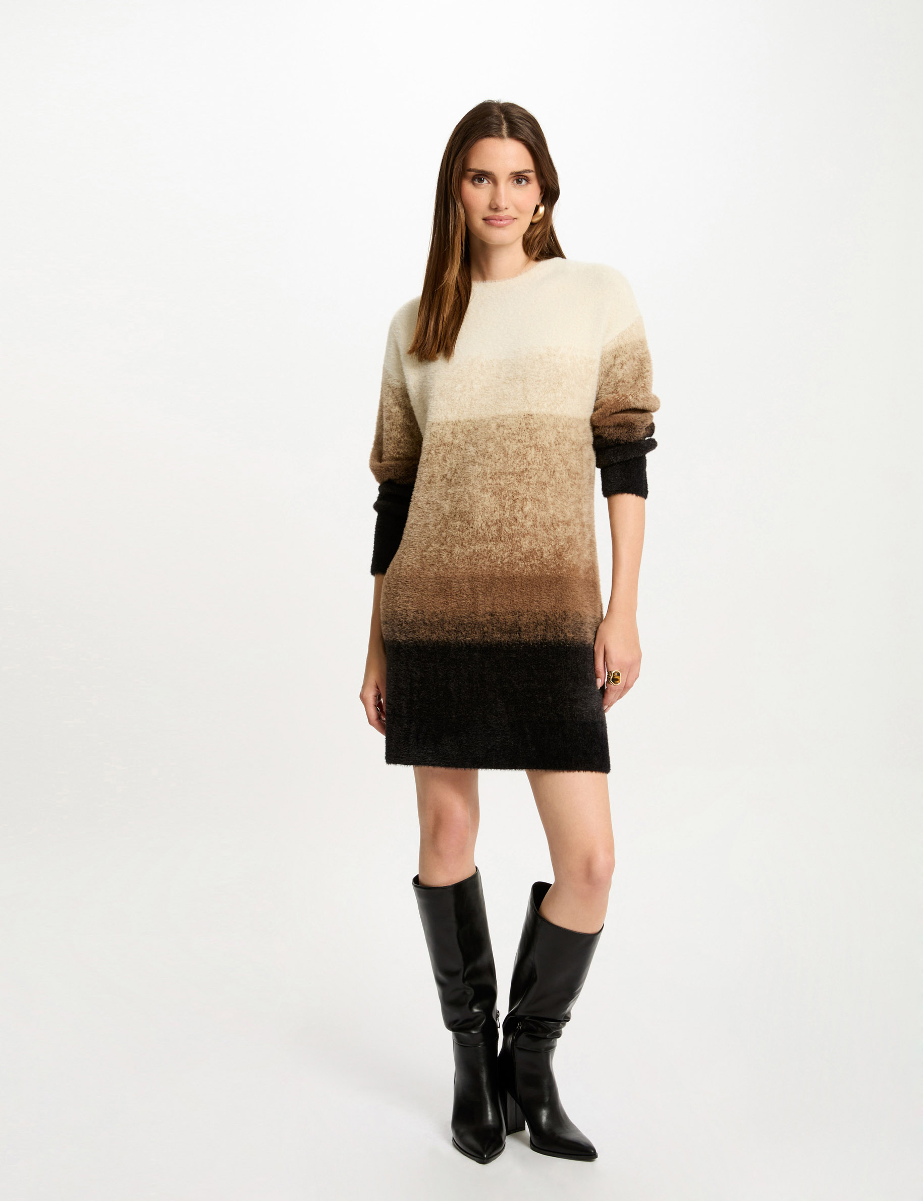 Mini straight knitted dress camel women