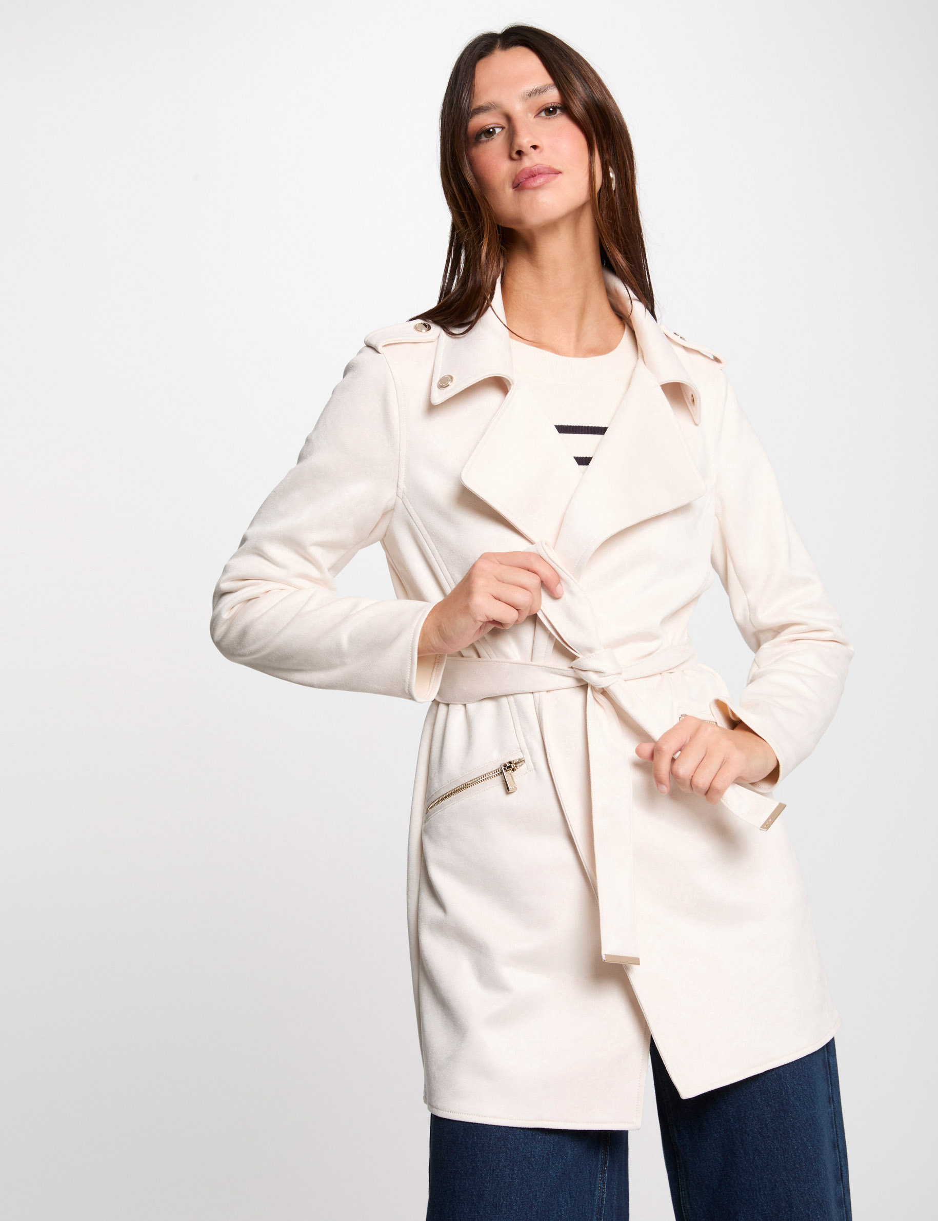 Belted long suede coat ivory women