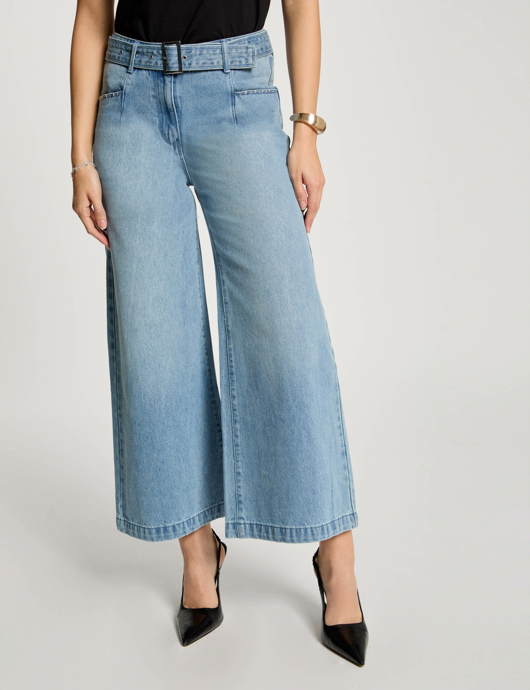 Belted cropped wide leg jeans bleach denim women