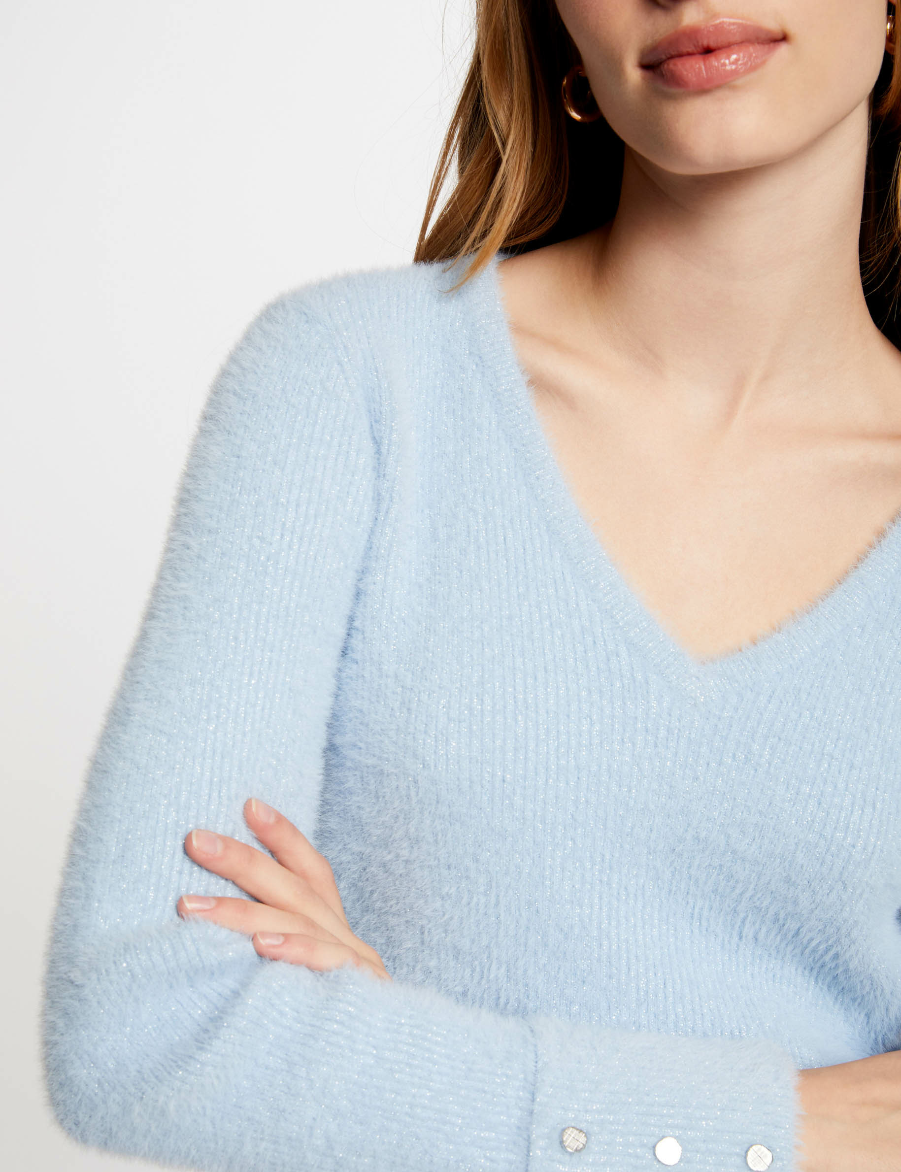 Pull manches longues avec col en V bleu femme