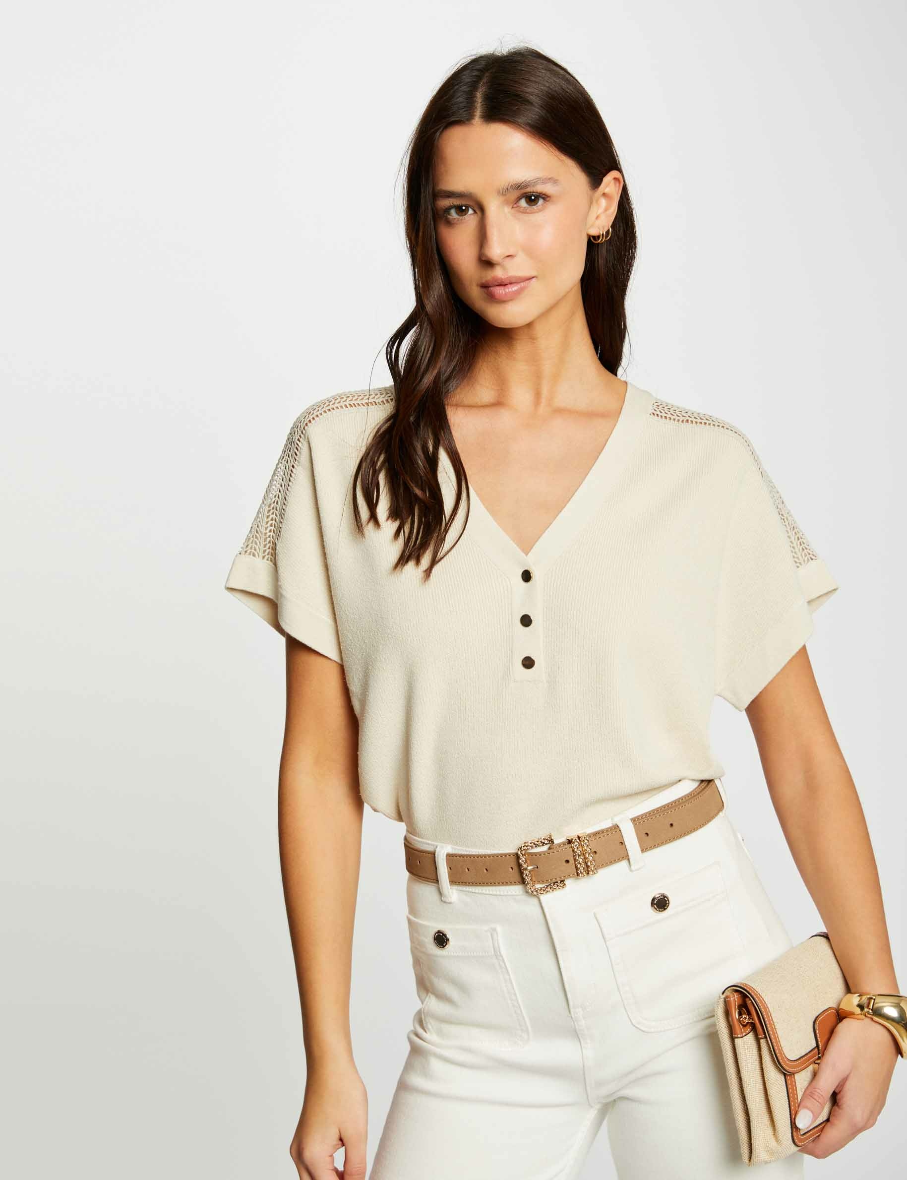 Jumper V-neck short sleeves light beige ladies'