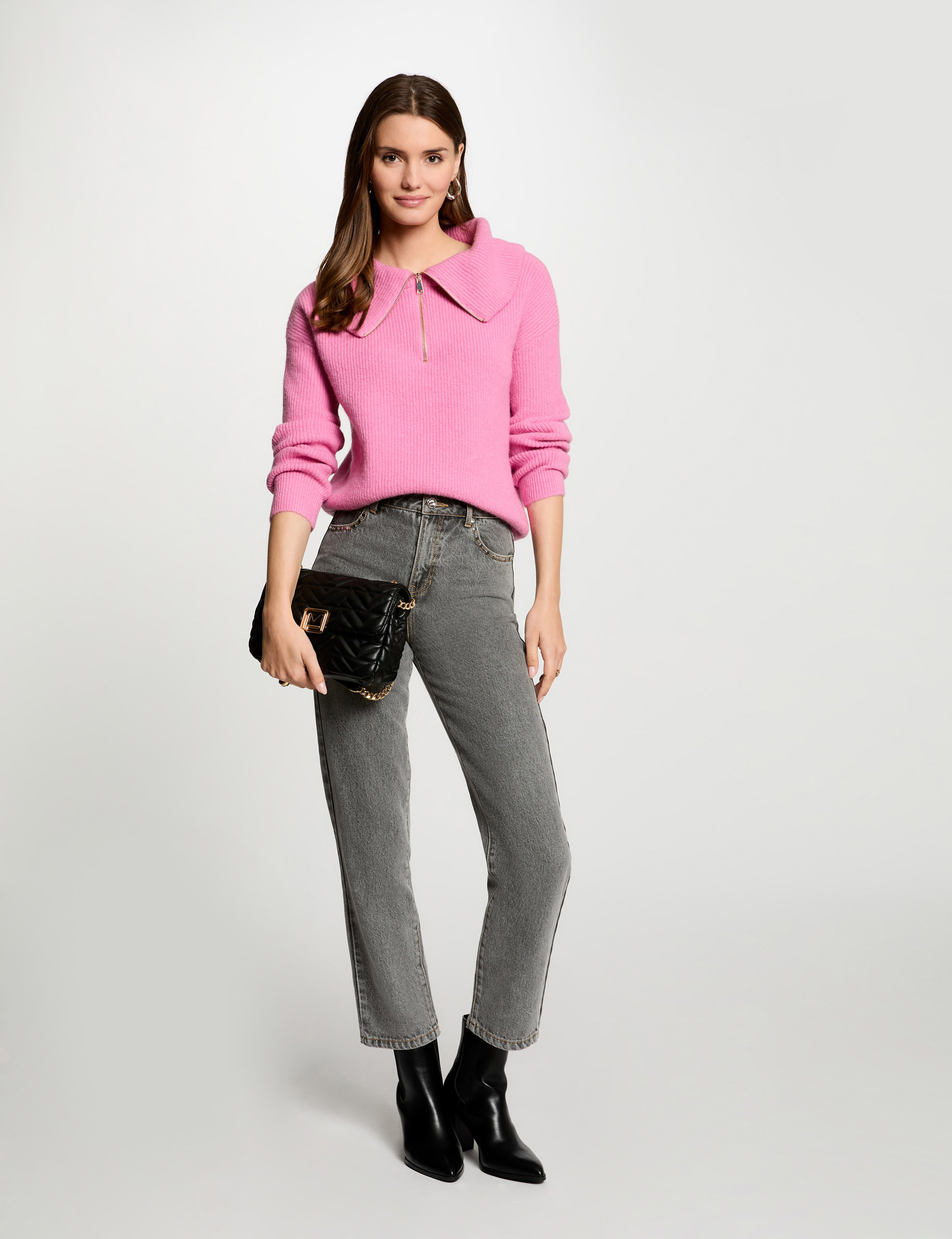 Jumper with zipped-rollneck medium pink women