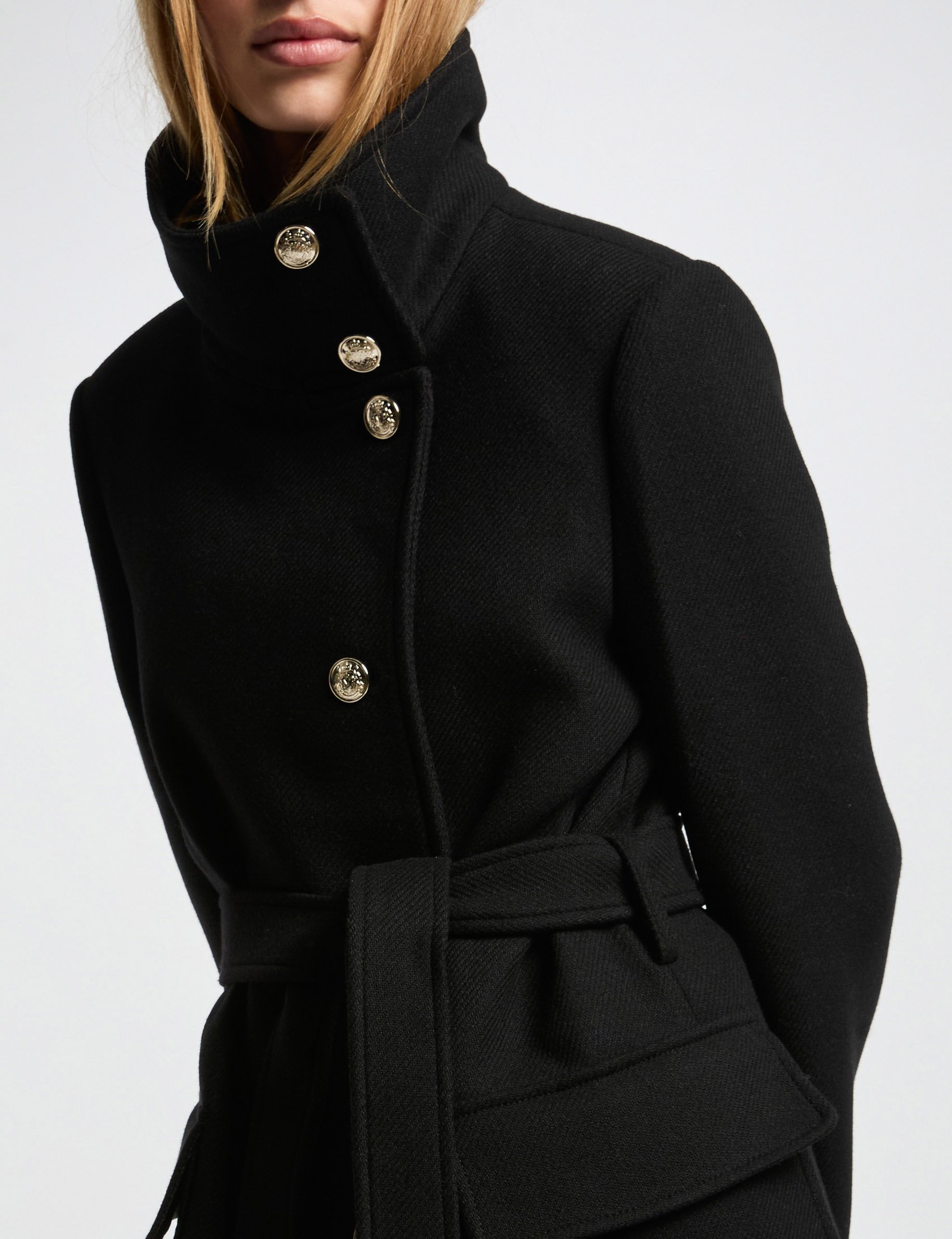 Belted long coat black women