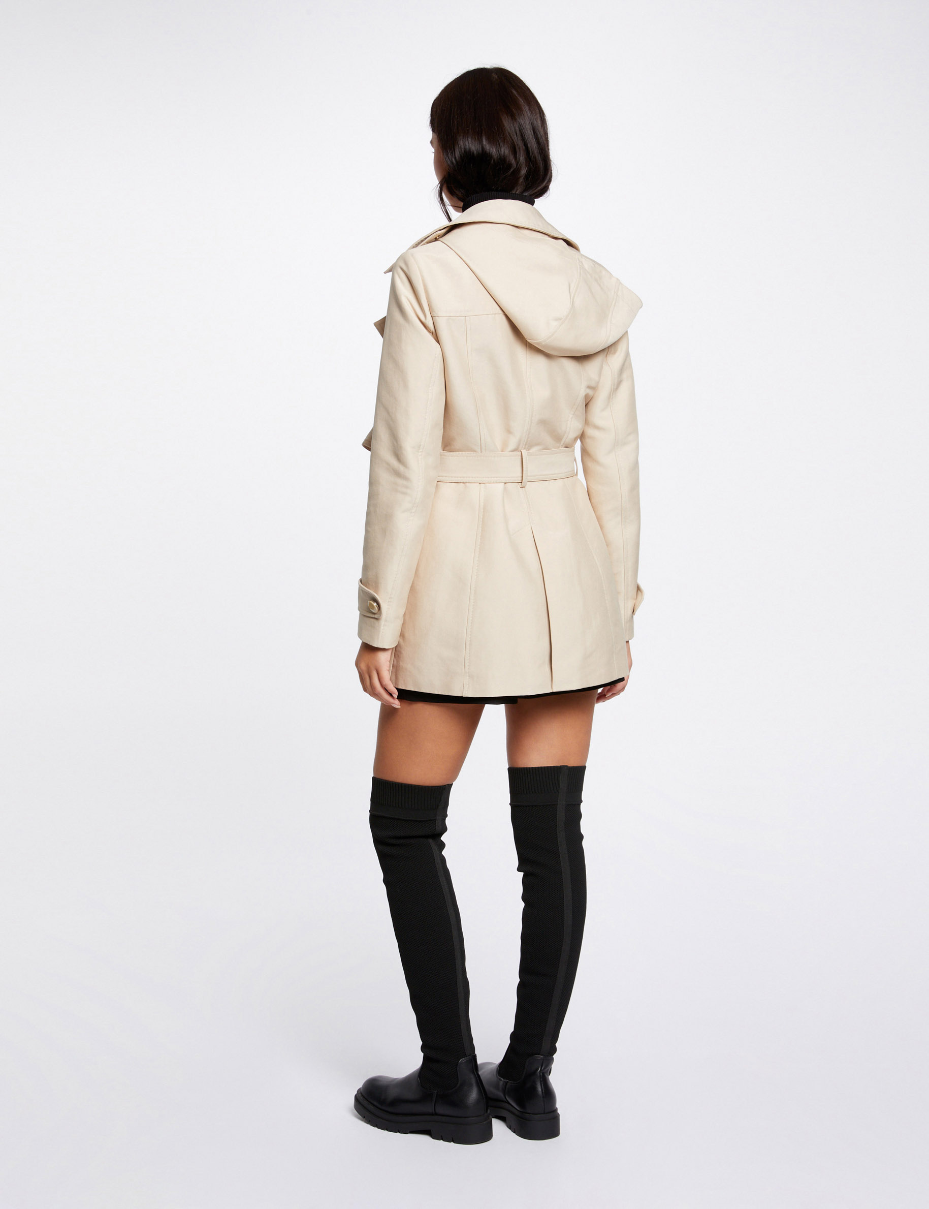 Waisted belted trenchcoat with hood sand women