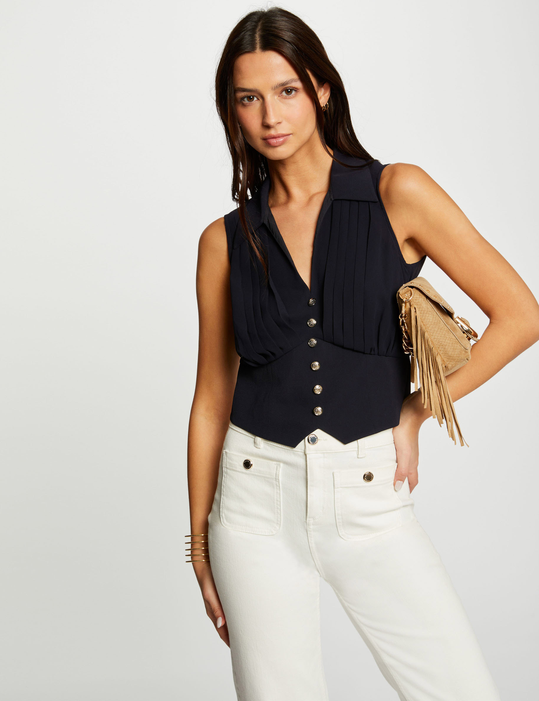 Sleeveless pleated top navy blue women