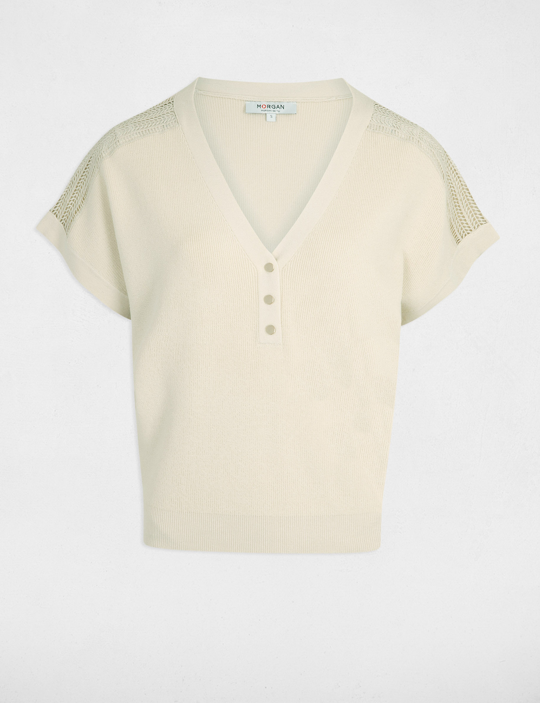 Jumper V-neck short sleeves light beige ladies'