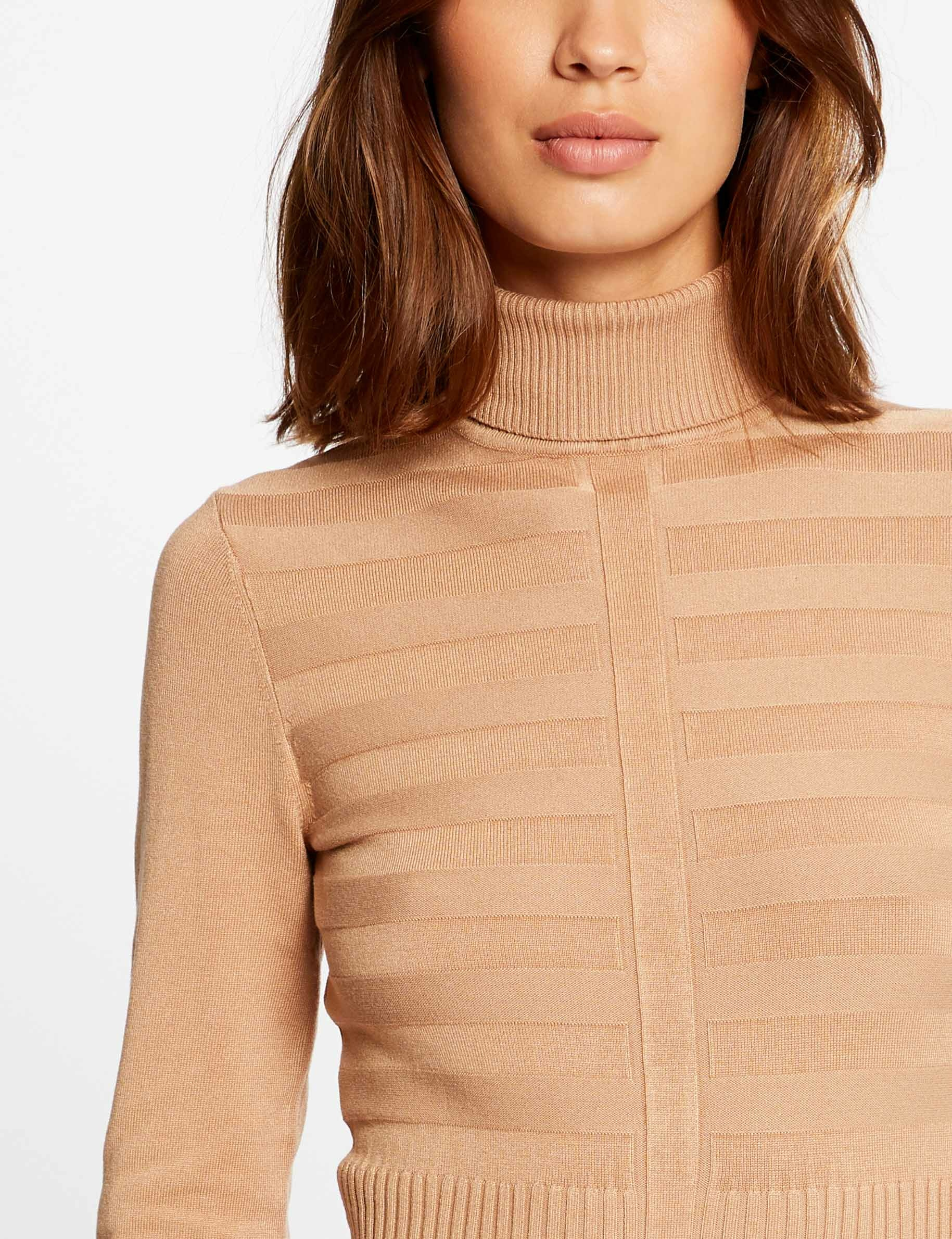 Knitted fitted dress with turtleneck camel women