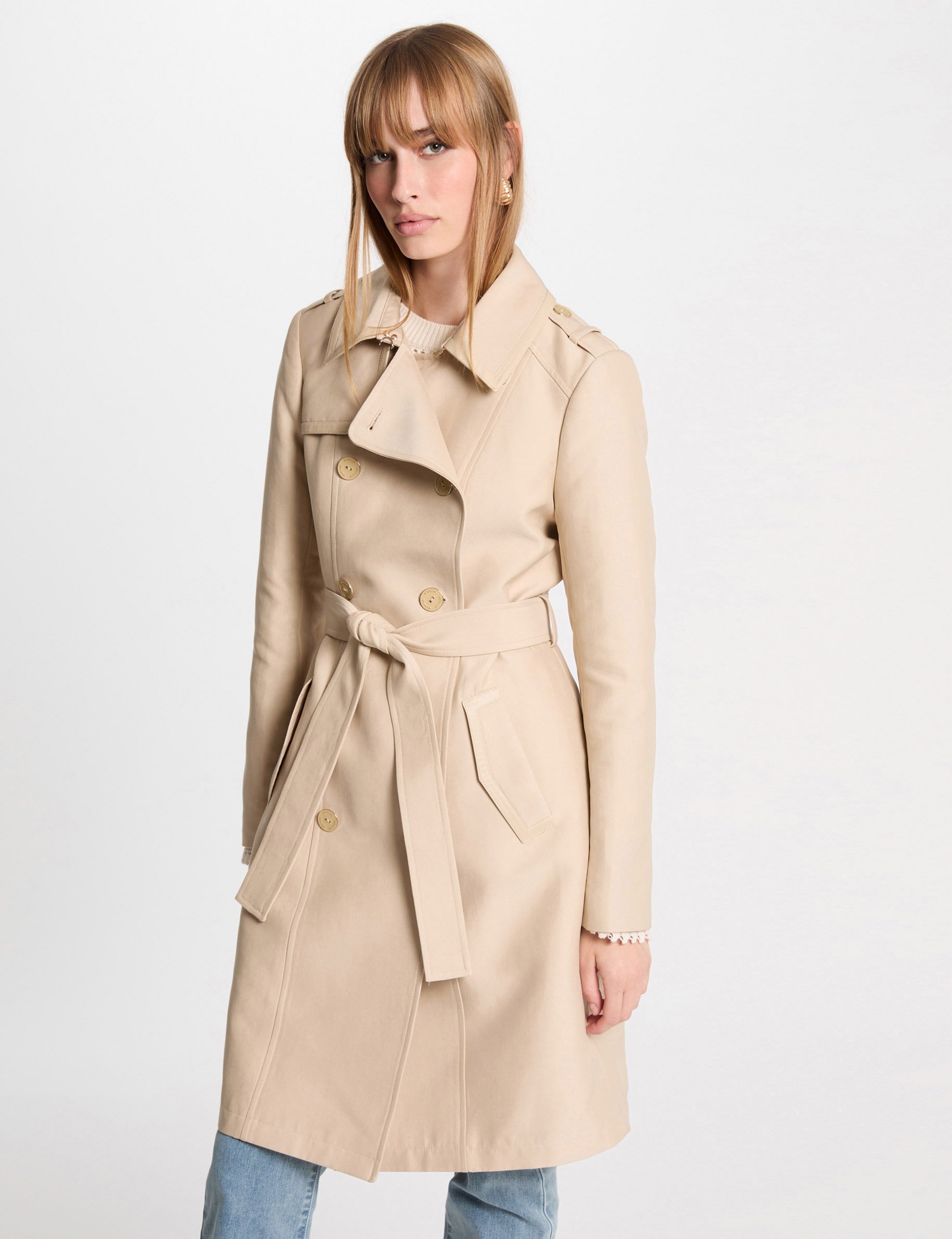 Belted long trenchcoat sand women