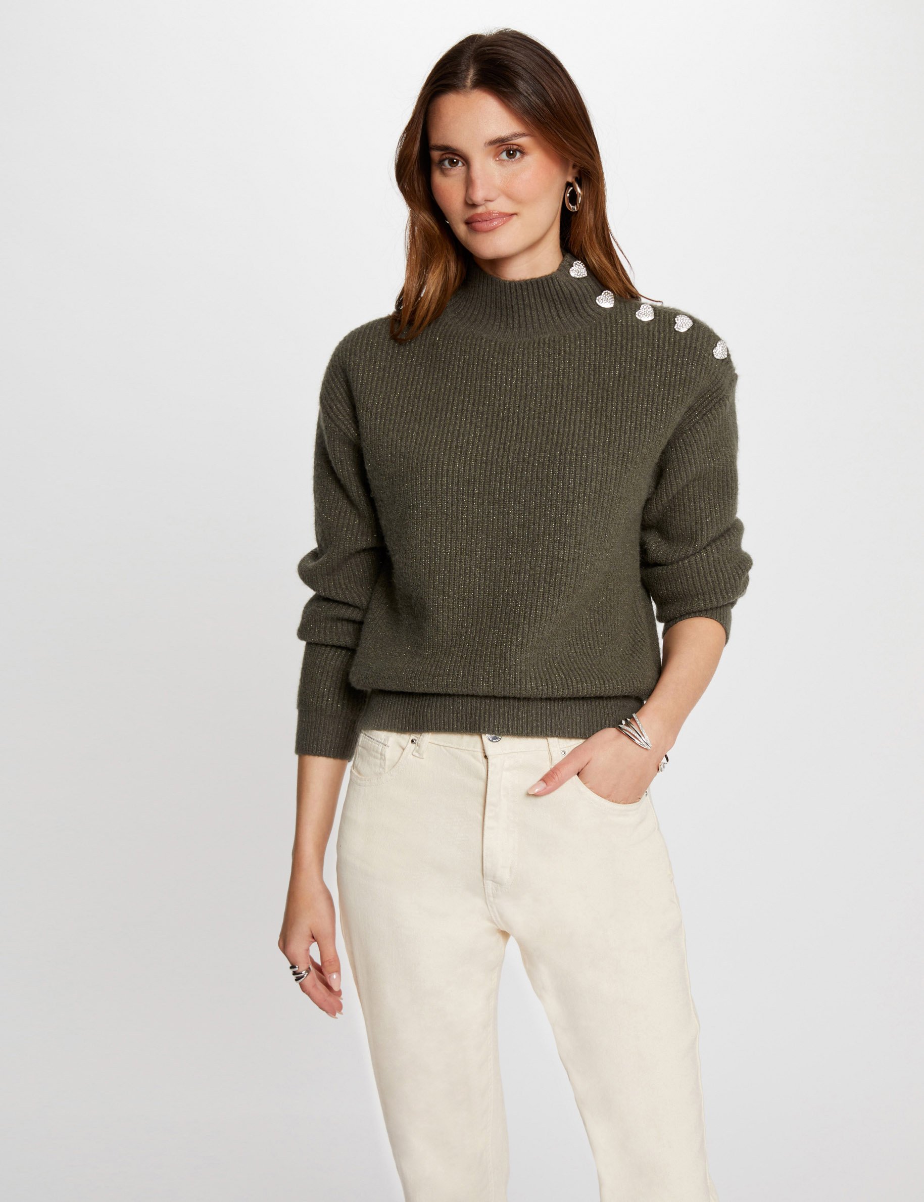 Long-sleeved jumper with buttons khaki green women