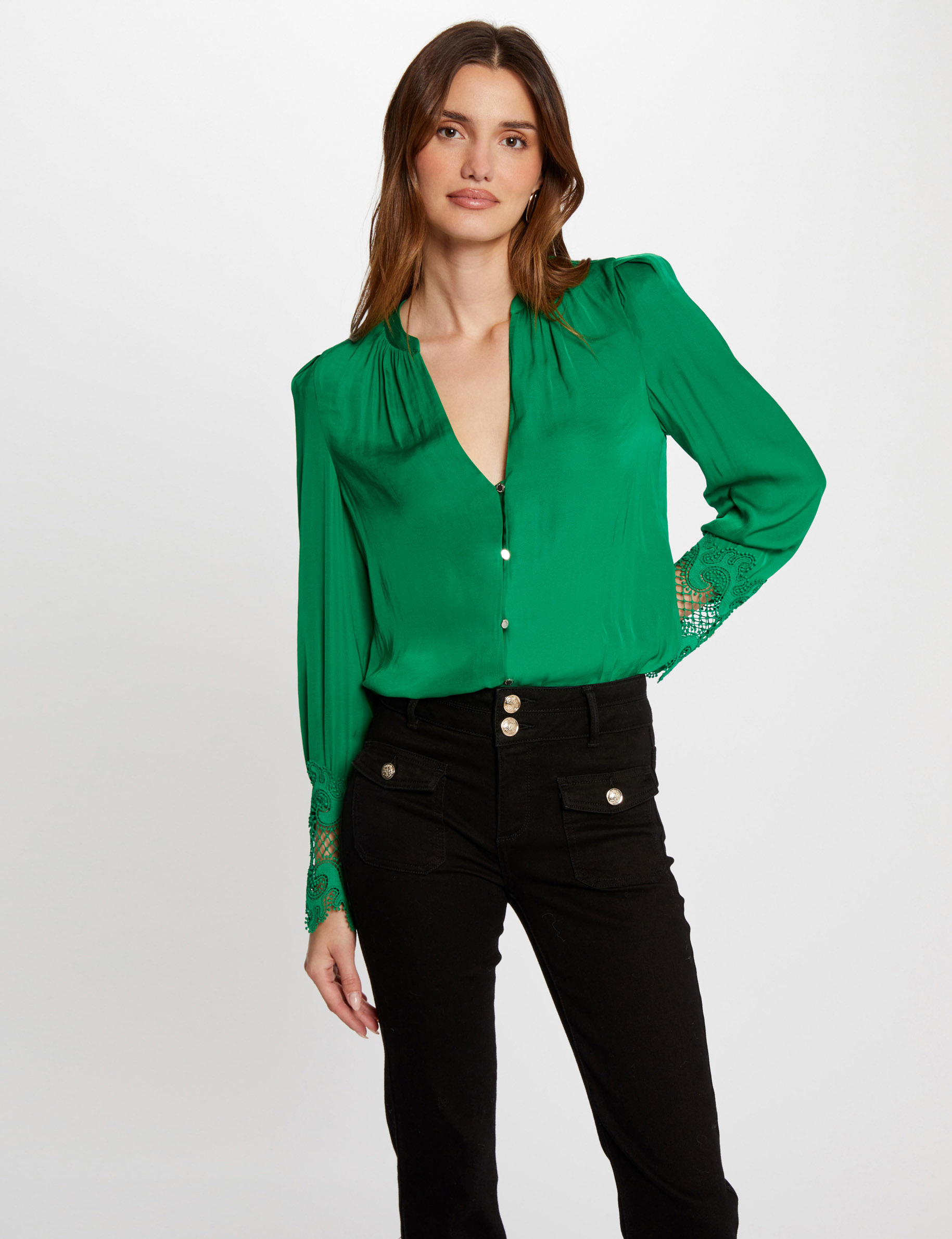 Long-sleeved satin shirt green women