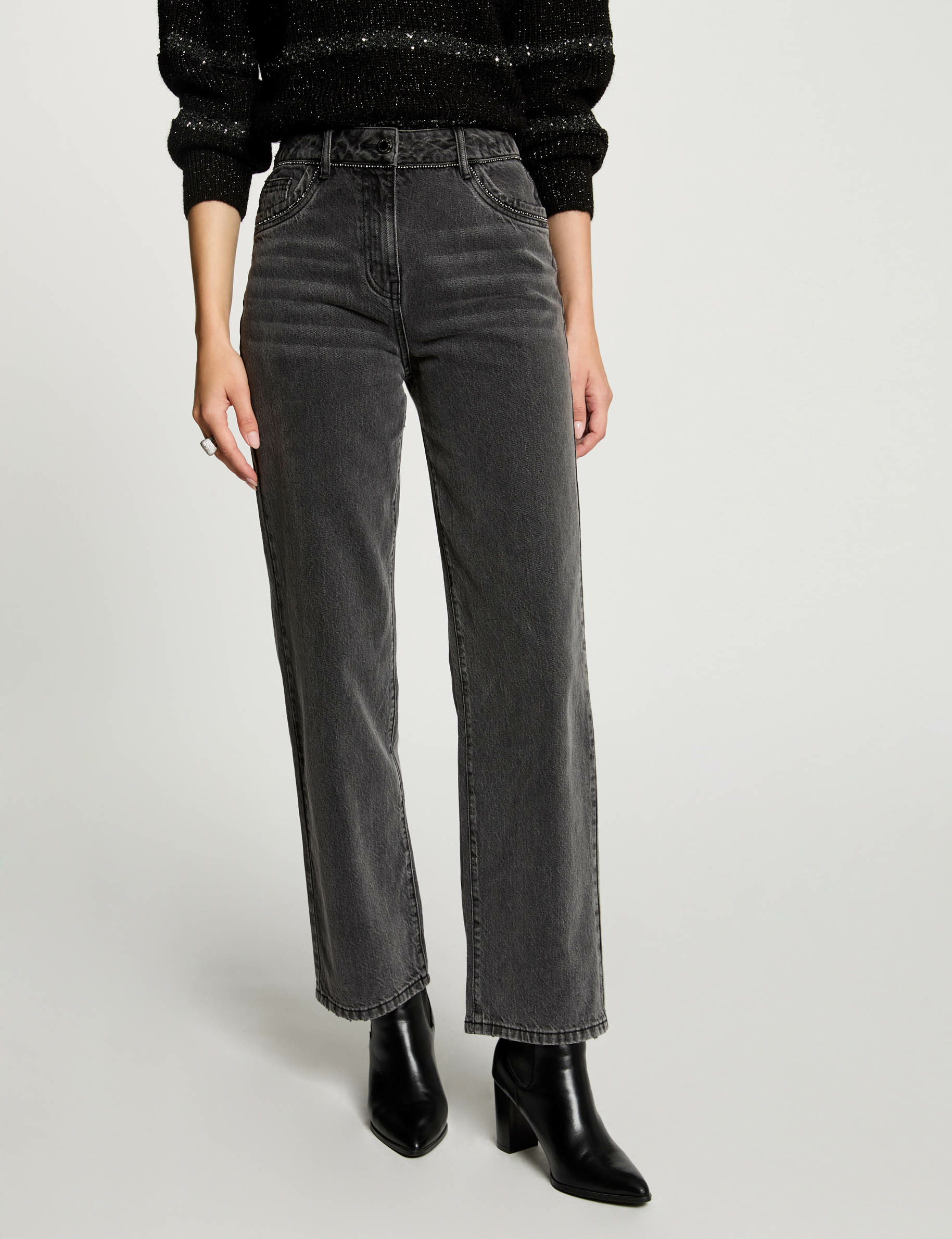 Mom jeans with rhinestones light grey women