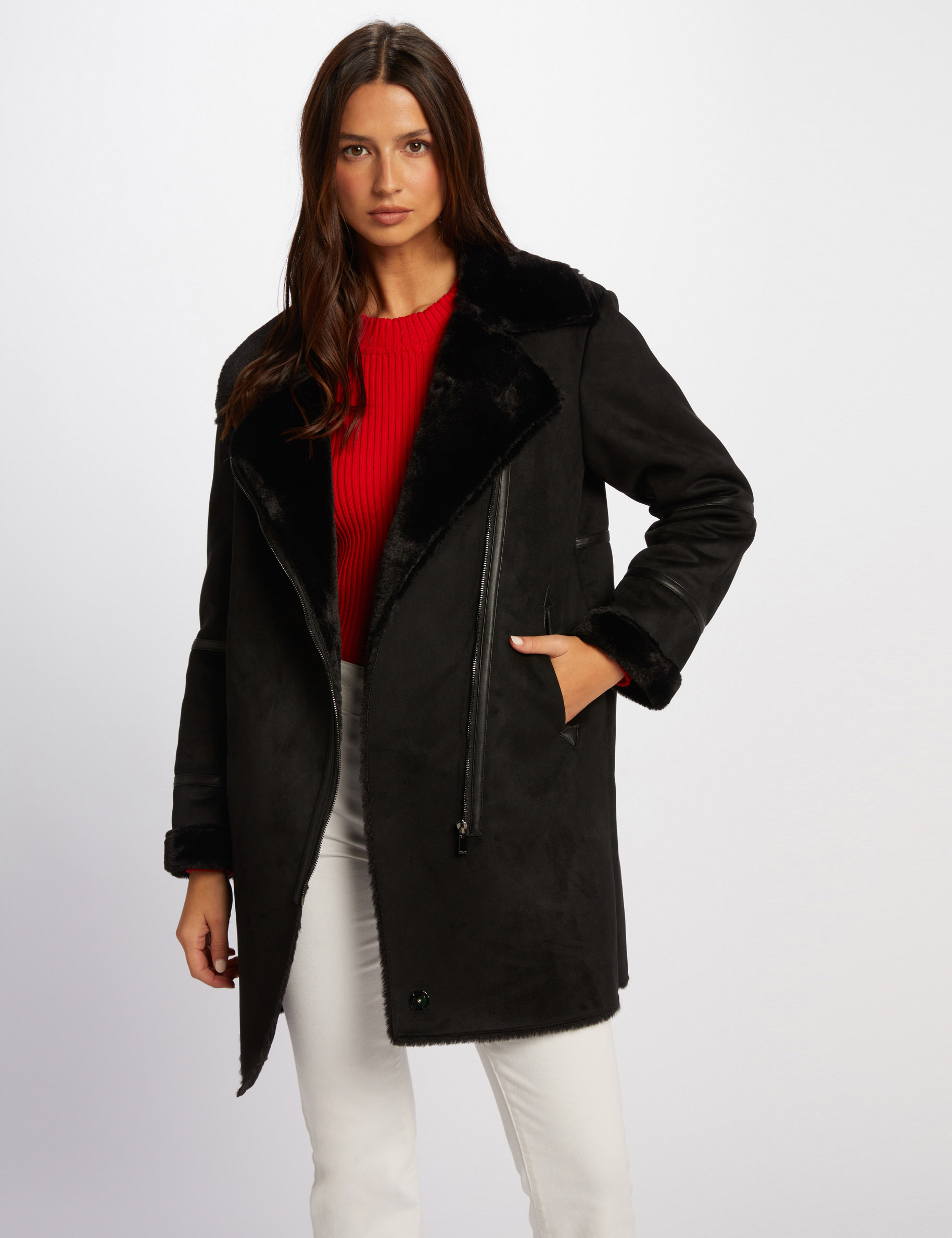 Long suede coat black women Morgan