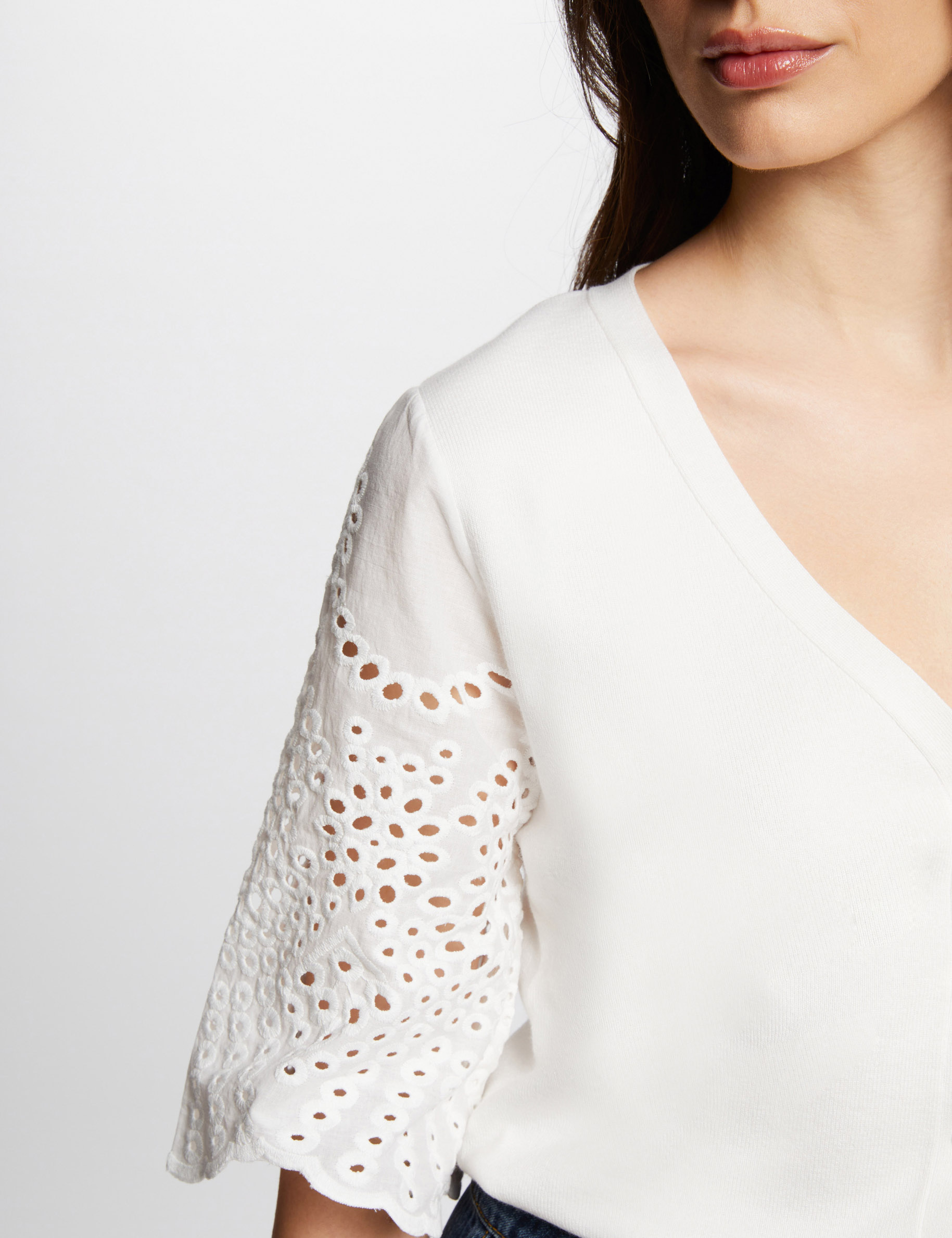 Jumper embroidered sleeves ecru women