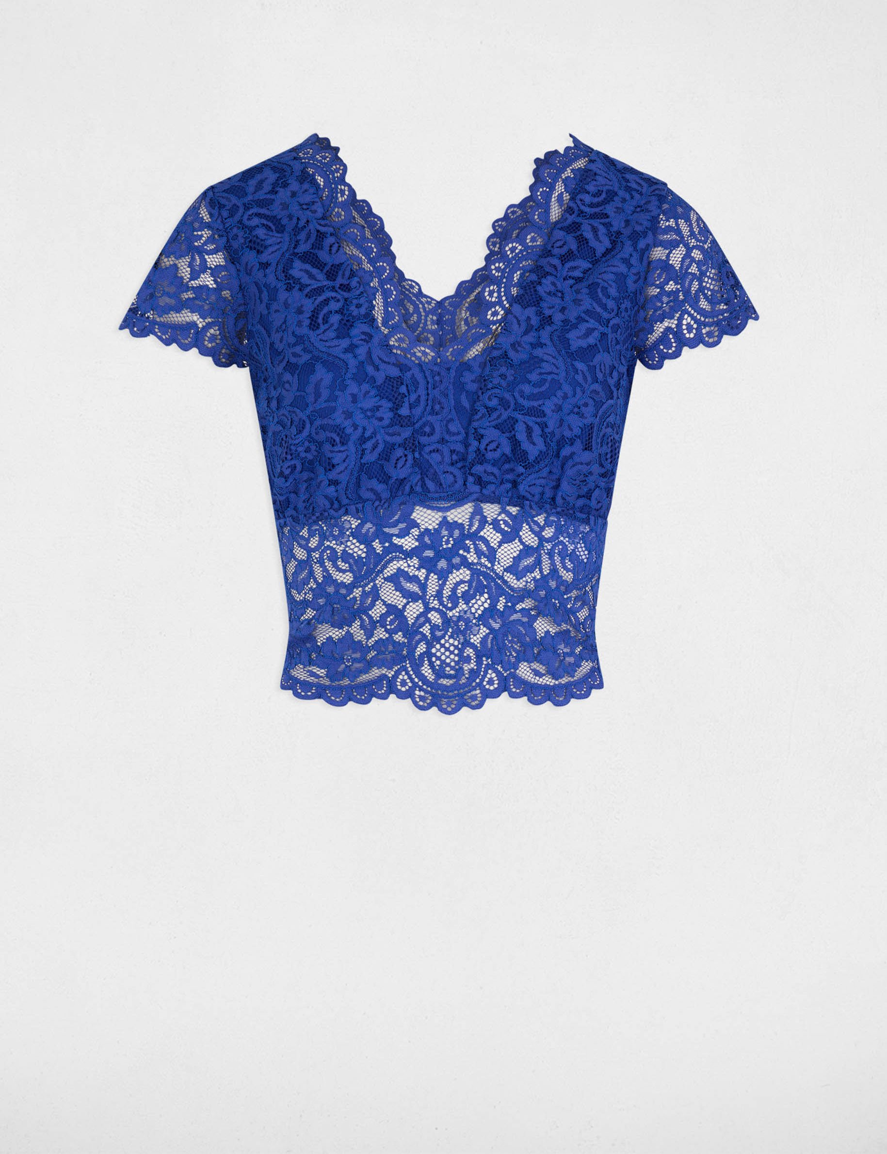 Lace t-shirt with V-neck electric blue women