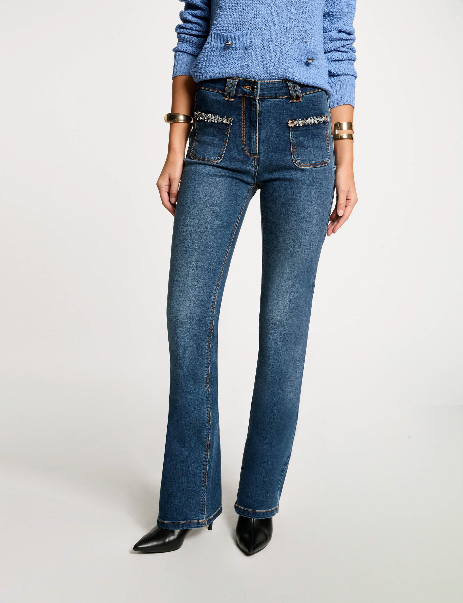 Bootcut jeans fringes details stone wash denim women