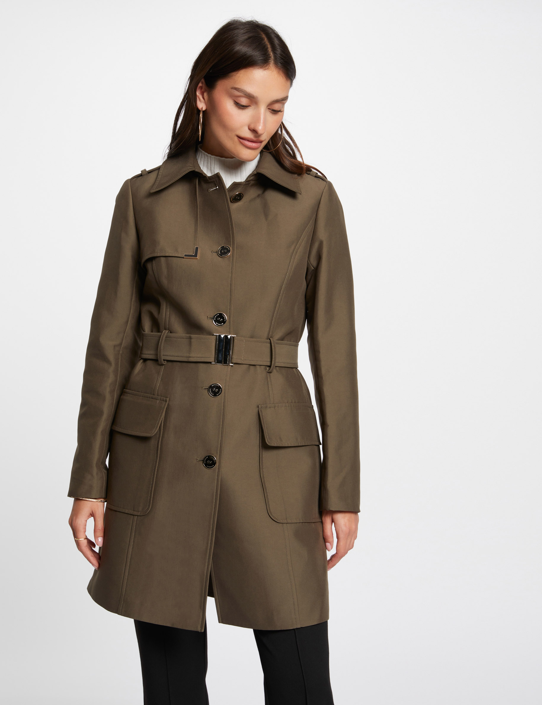 Trench long ceinturé vert kaki femme