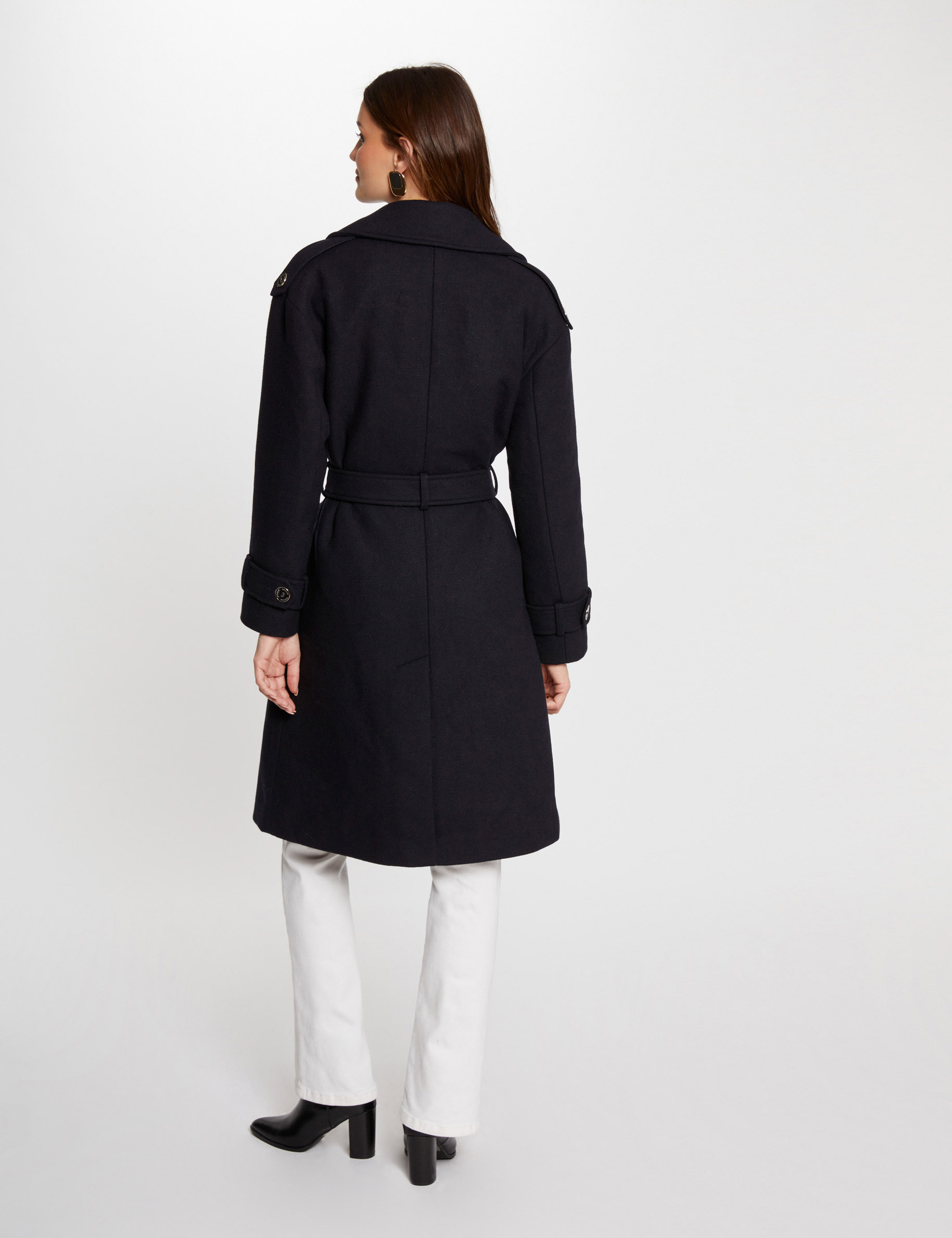 Belted long coat navy women