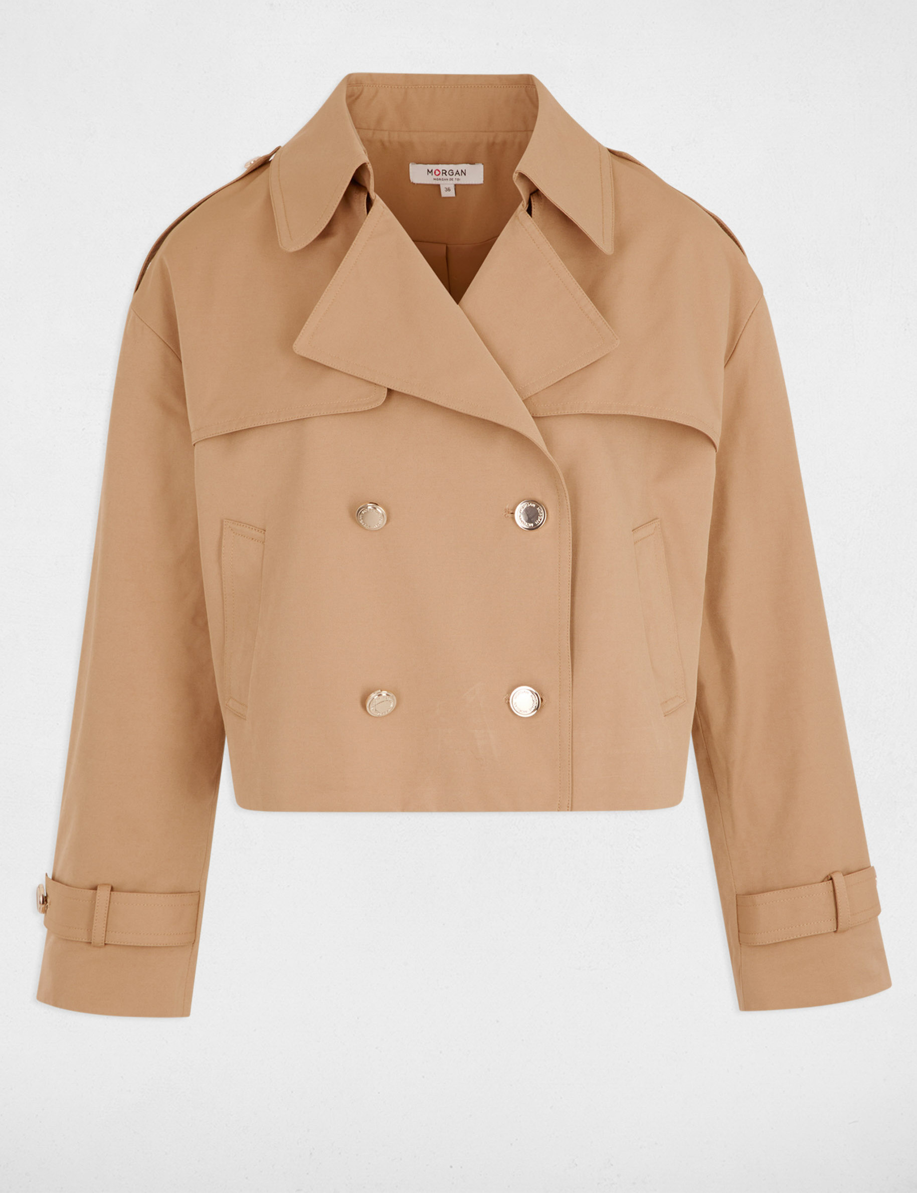 Buttoned short trenchcoat camel women