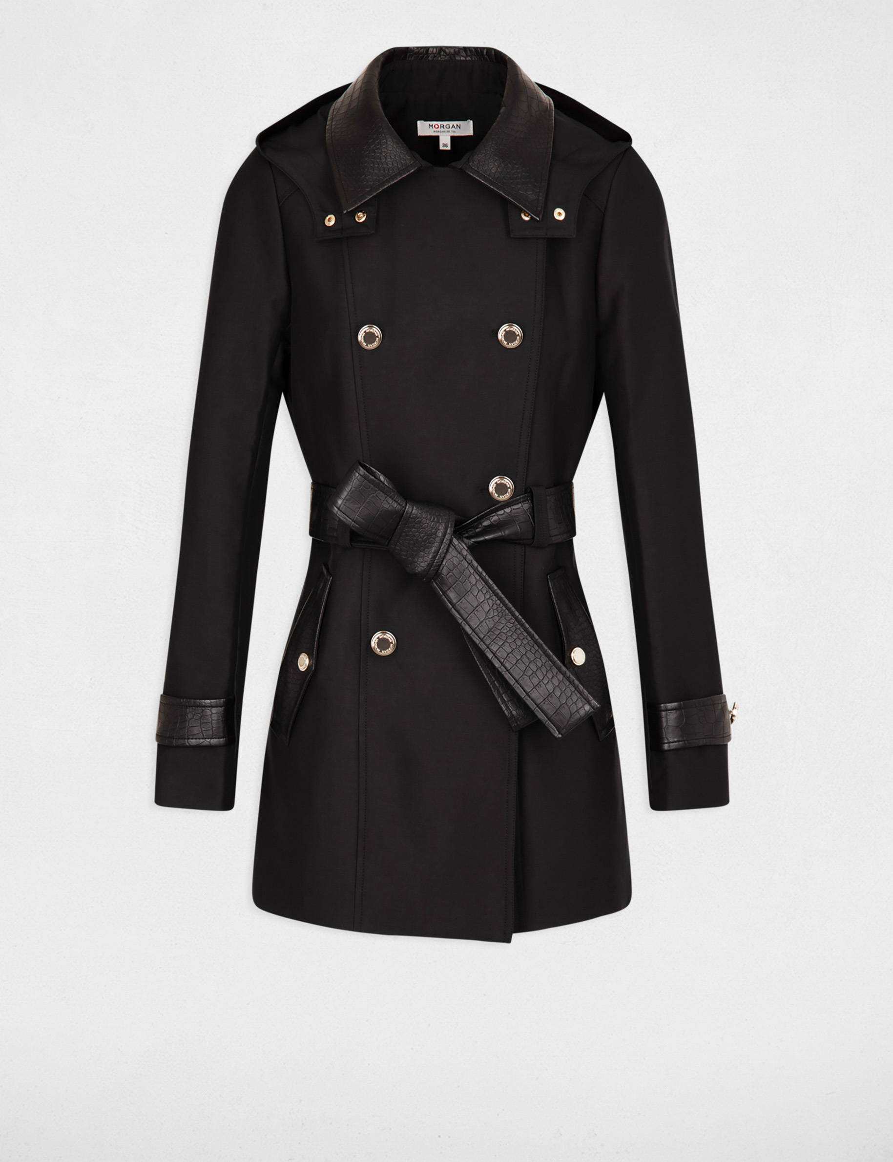 Trench détails simili cuir noir femme