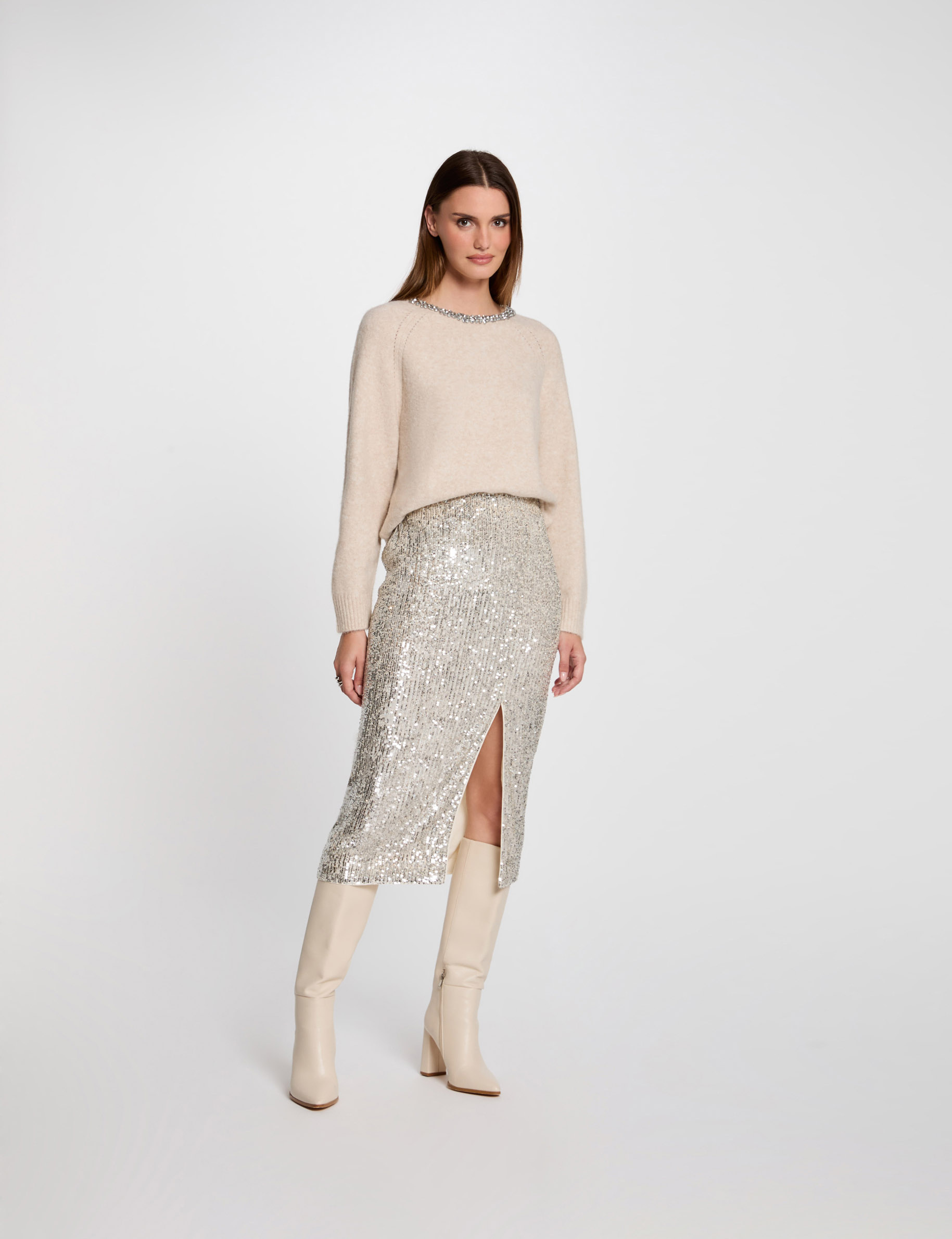 Jumper neck jewelled details beige women