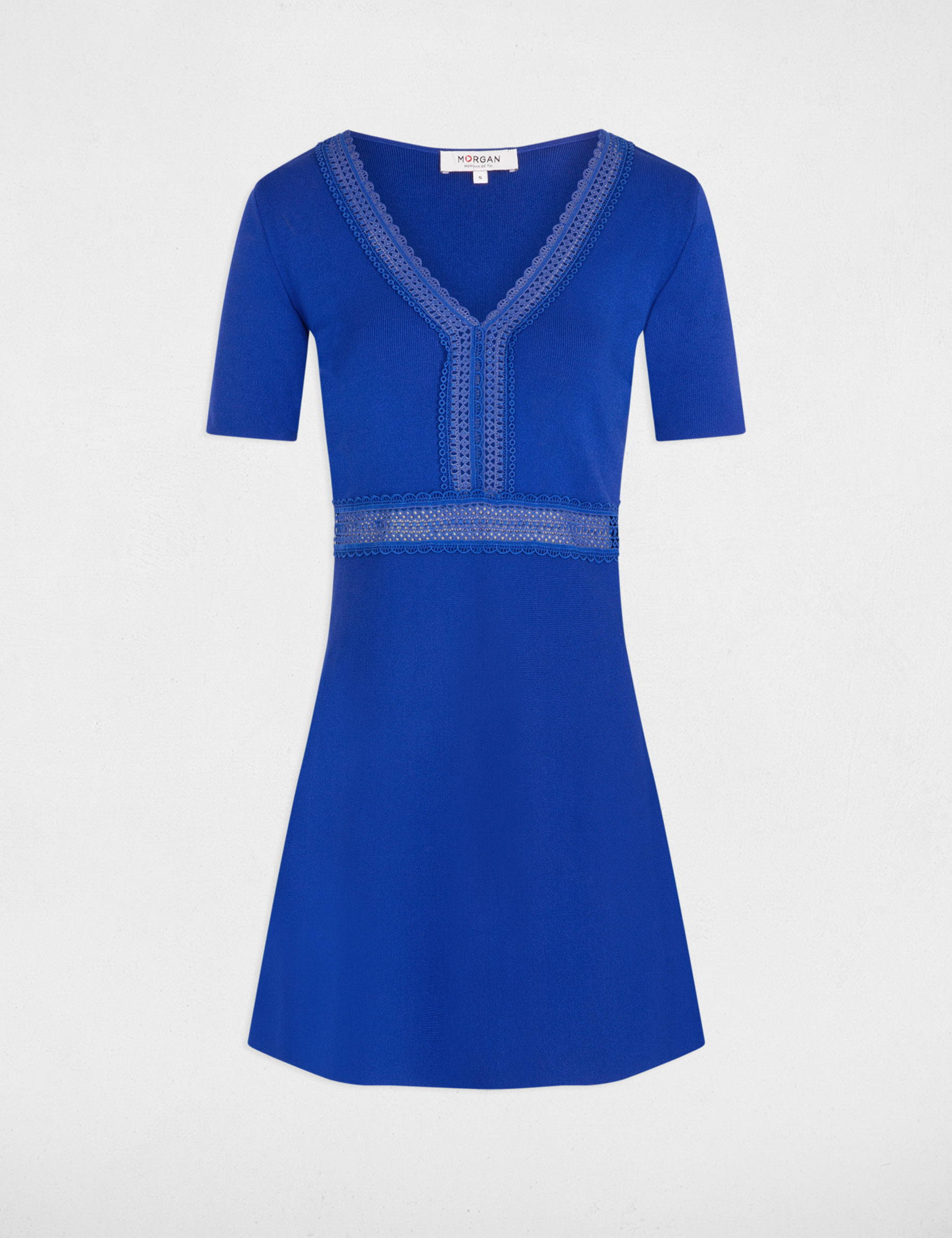 Robe tricot ajustée col en V bleu electrique femme