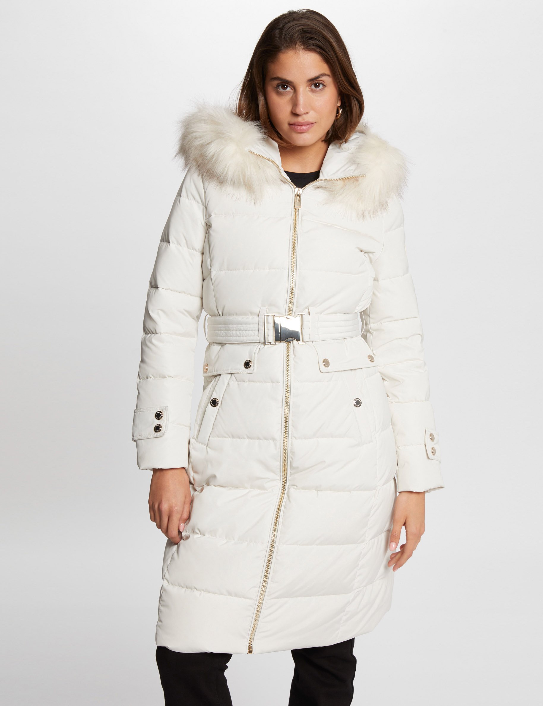 Long padded jacket with hood ivory women