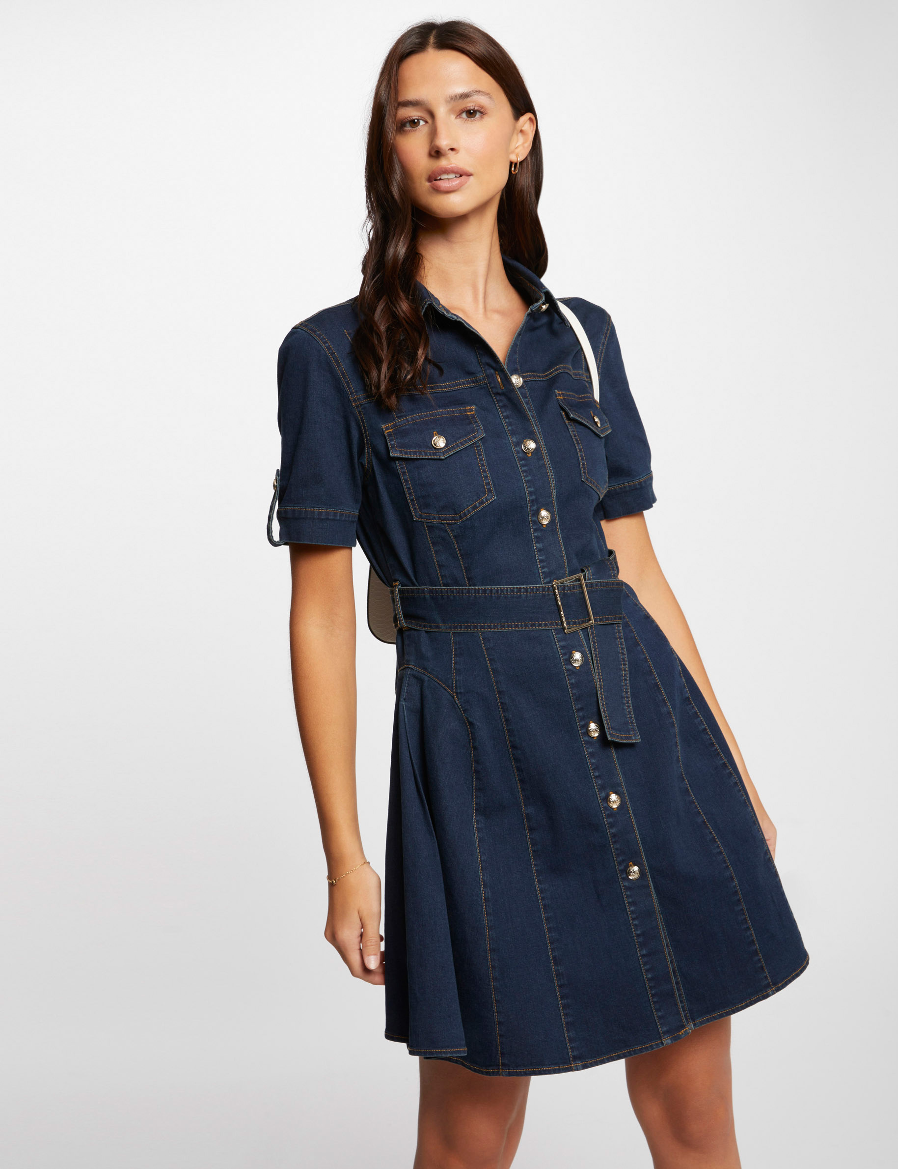 Mini skater denim dress raw denim women