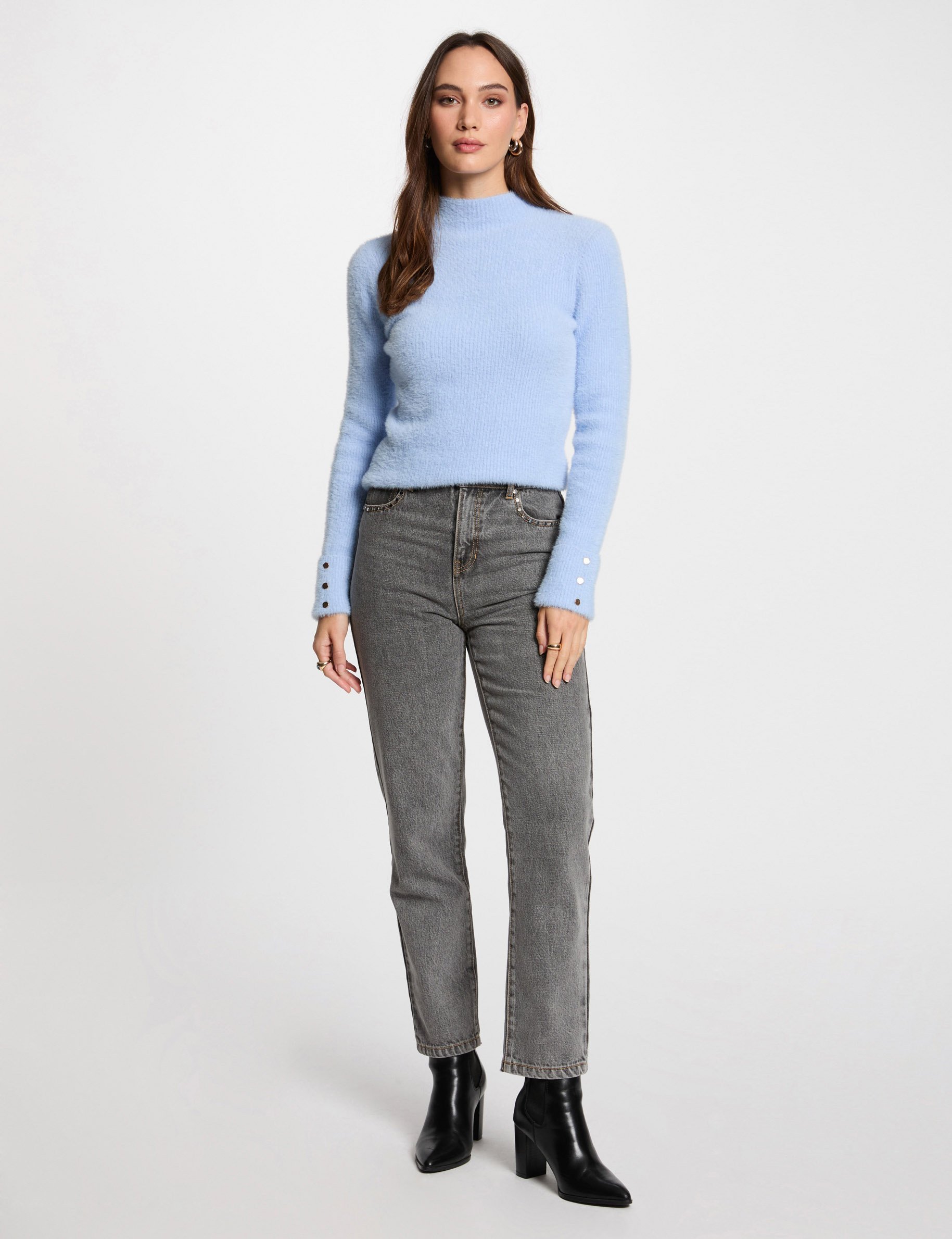 Long-sleeve fuzzy knit sweater sky blue women